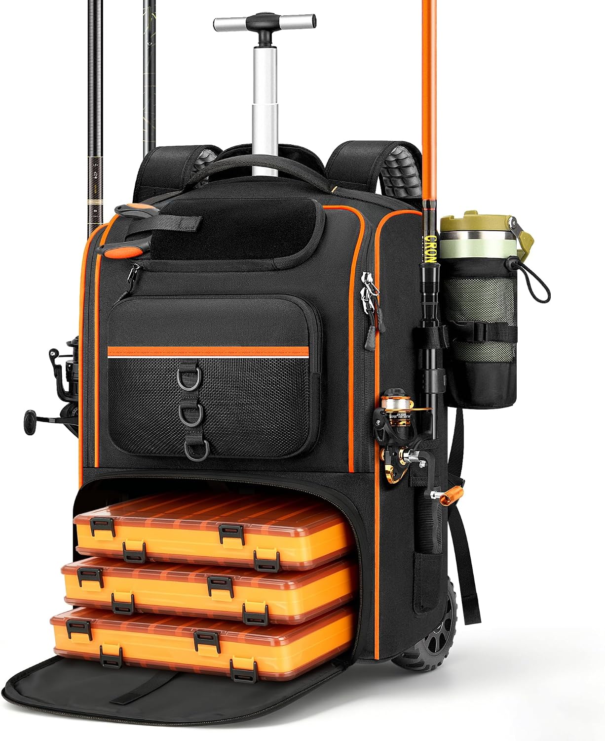 POSO Fishing Backpack with Wheels – Durable Waterproof Fishing Tackle Box Bag – Large‑Capacity Outdoors Gear Storage and Equipment Organizer fo r Outdoor Hiking, Camping & Gifts for Men