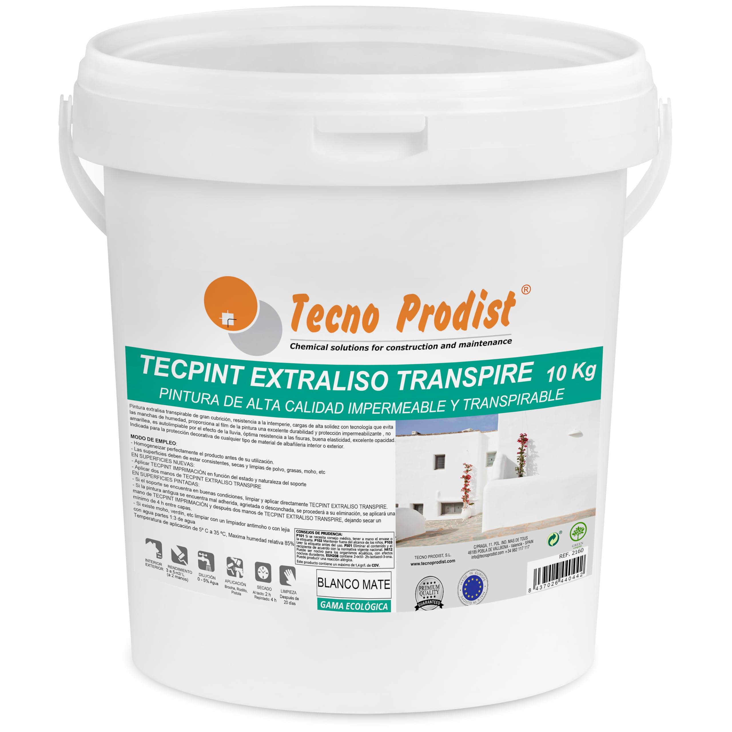 Tecno Prodist - TECPINT EXTRALISO TRANSPIRE (10 Kg) Pintura ecológica, transpirable, impermeable exterior e interior al agua, acabado extraliso, Fácil Aplicación - Sin olor (BLANCO)