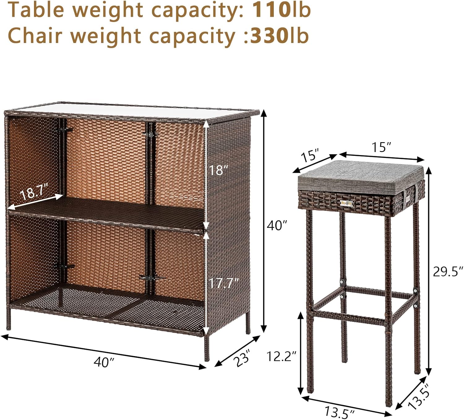 Bonnlo 3PCS Wicker Patio Bar Set with Stools and Glass Top Table Outdoor Furniture Bar Set with Storage for Lawn Pool Backyard Garden, Front Porch(Grey) : Patio, Lawn & Garden
