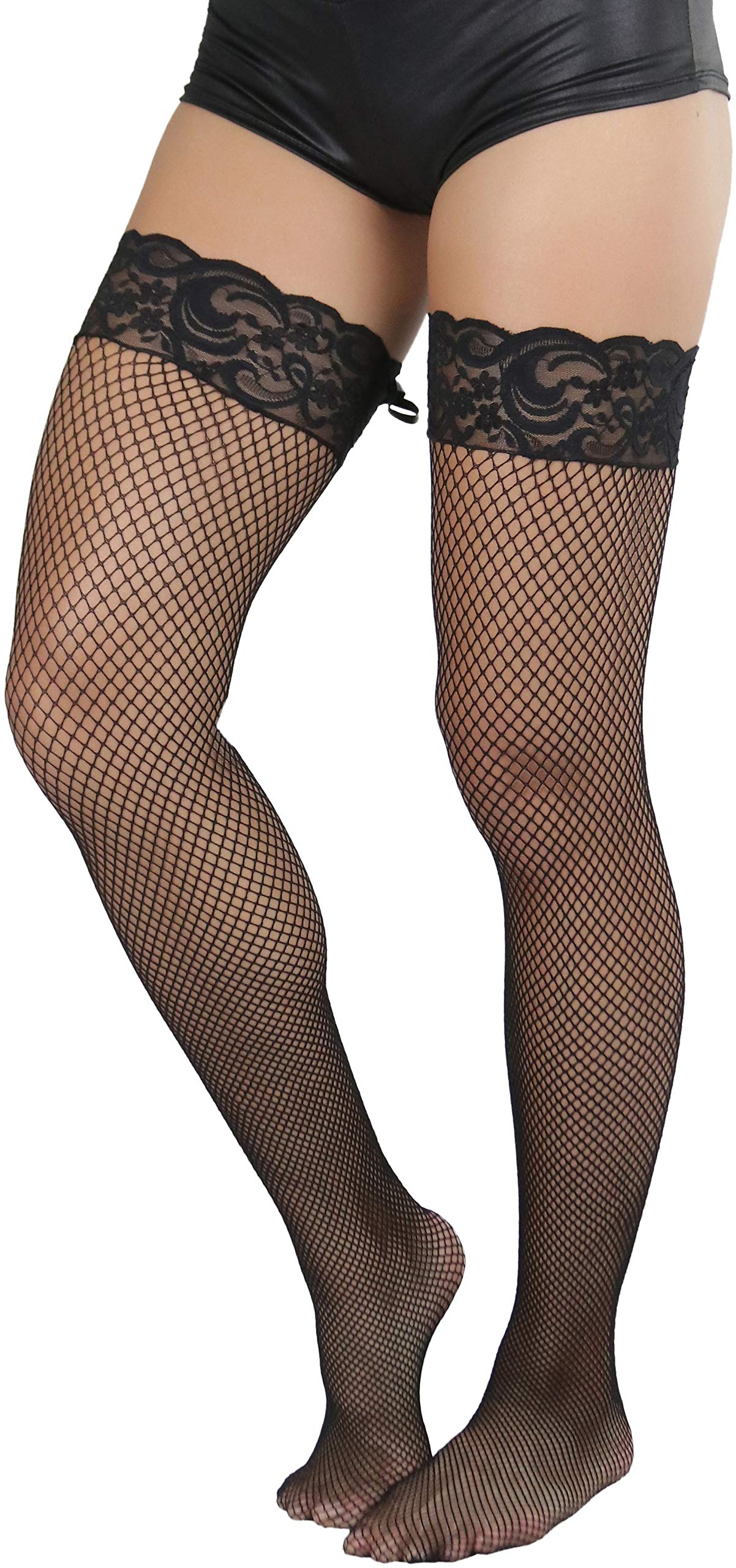 ToBeInStyle Women's Spandex Double Weaves Thigh Hi With Lace Up Lace Top: Fishnet - Black Lace Top
