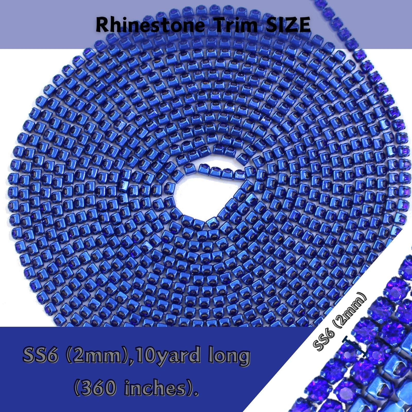 PEARLY JUN 10 Yards Blue Rhinestone Chain Sapphire Rhinestone Trim Crystal Artificial Stone Trim Cup Chain SS6 2mm Color Plated Cup Stitch Costume Decoration - Image 2