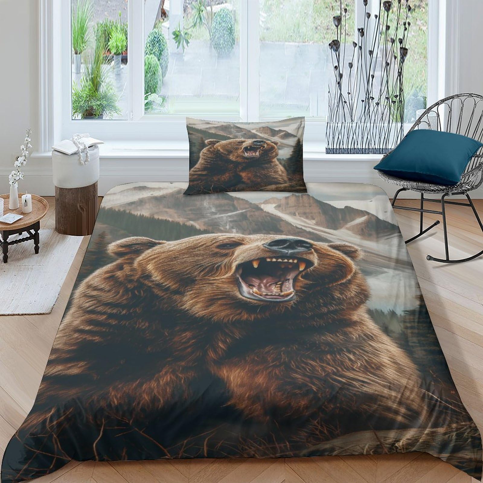 Housse de couette 135x200 ours brun imprimé 3D parure lit simple douce