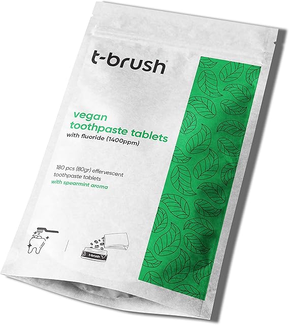 TBRUSH Refill Vegan Toothpaste Tablets, 180pcs (80g) 3 Months Supply | Spearmint | with-Fluoride 1400 ppm | Whitening, Anti-Cavity | Natural, Gluten Free, Glycerin Free, SLS Free
