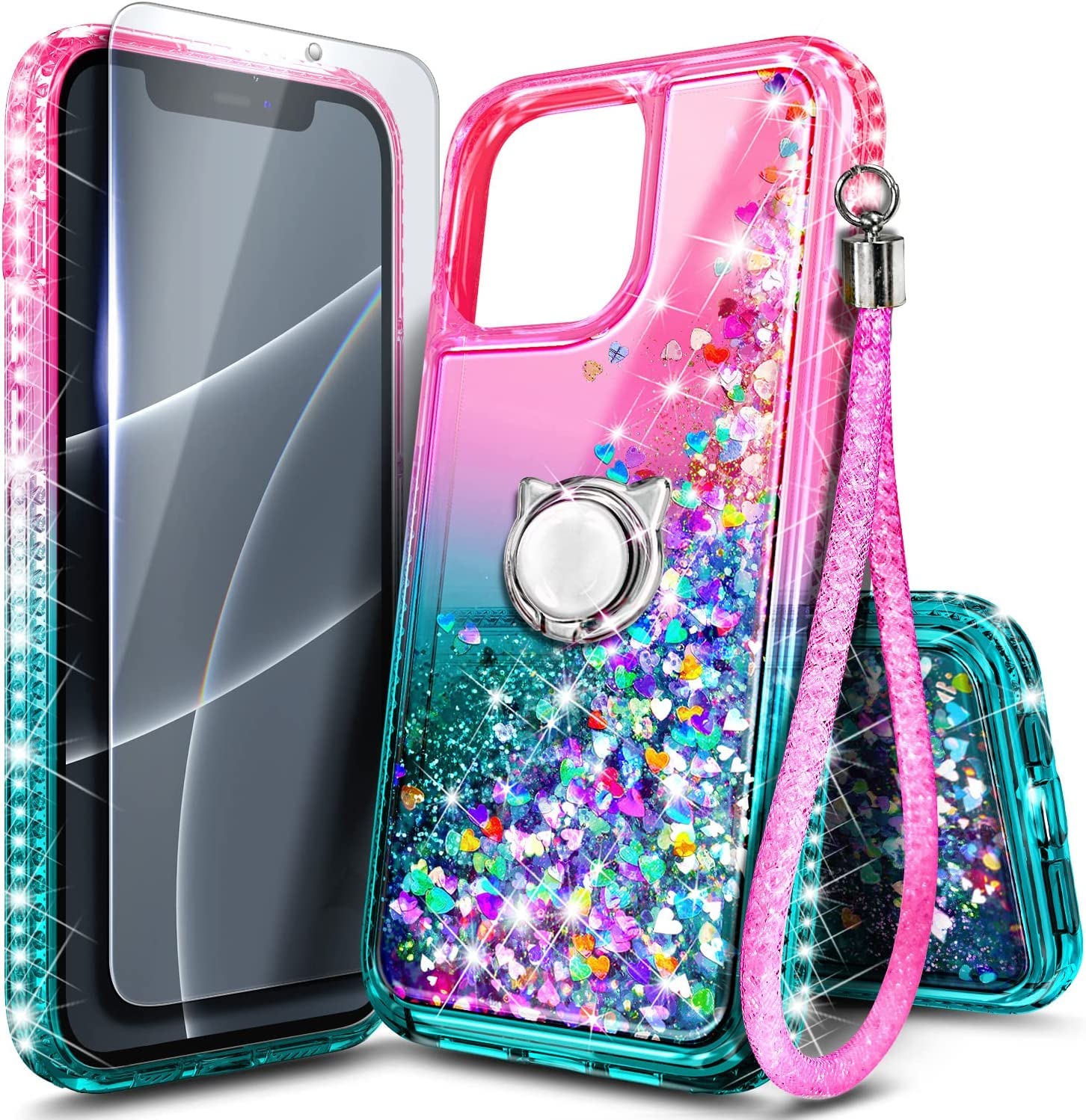 NGB Designed for iPhone 13 Case, Pink/Aqua | Glitter Liquid Sparkle Cute Cover for Women Girls Kids | with Tempered Glass Screen Protector & Ring Holder & Wrist Strap