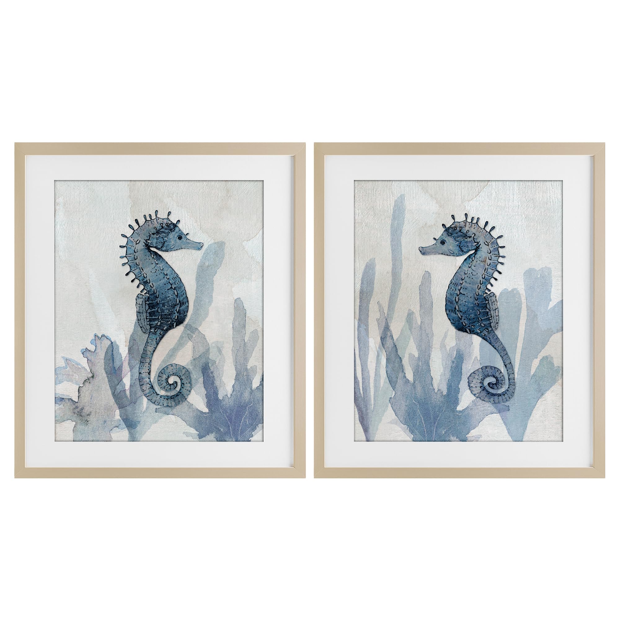 Stupell Industries Harvest Pine (Textured) 'Impressions Of Seahorses'| 2Pc Framed Print Under Glass Set