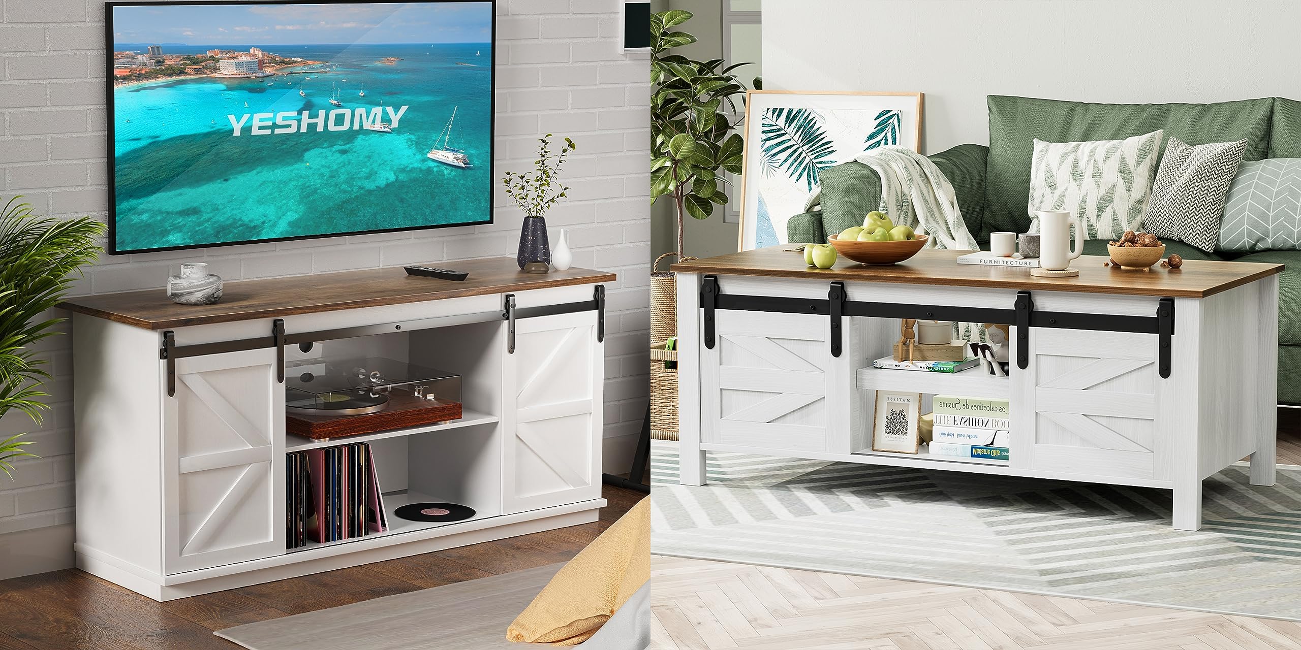YESHOMY TV Stand Set with a Farmhouse Style Coffee Table,for Living Room,with Big Capacity, White