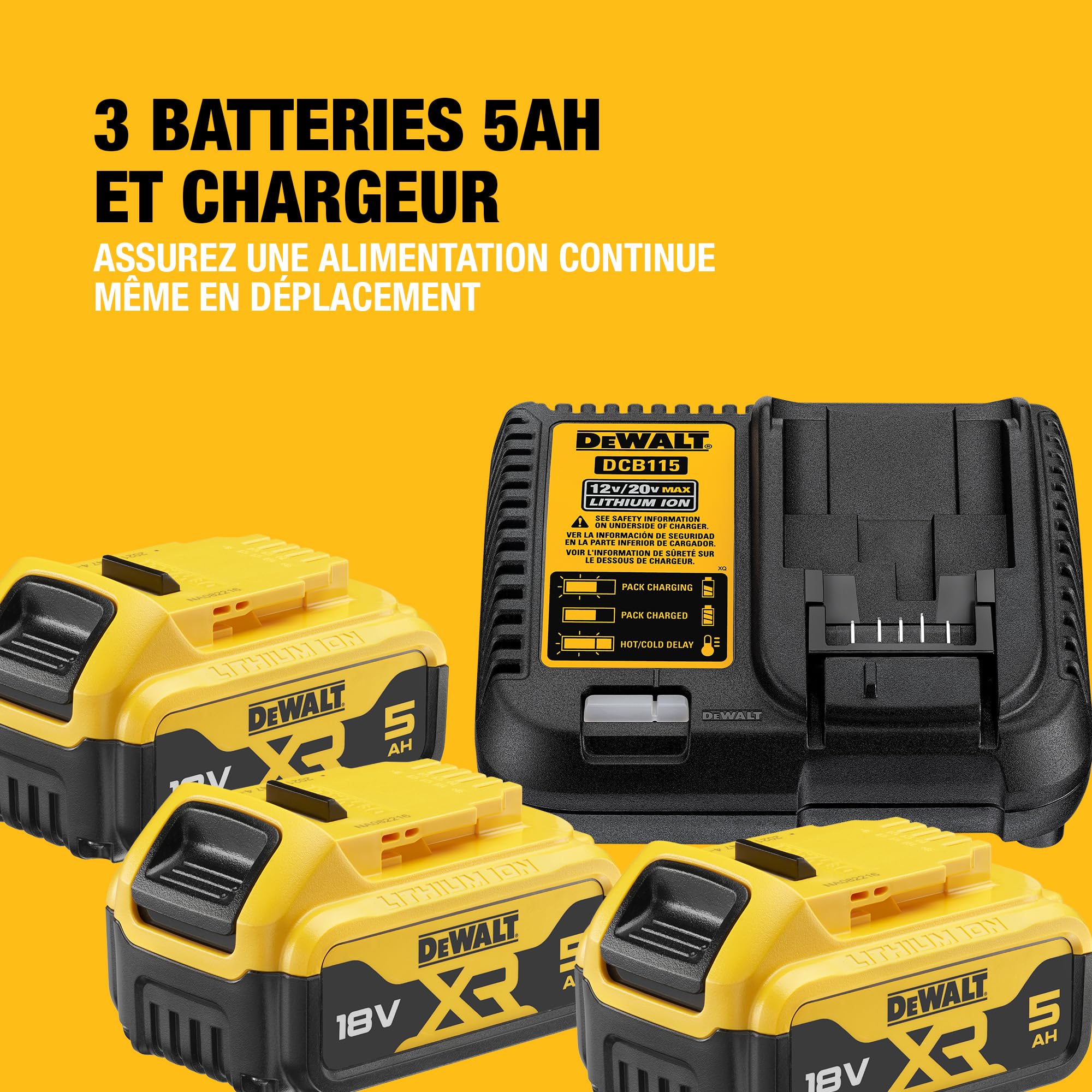 DEWALT - Pack 5 outils XR 18V, 1 perceuse-visseuse, 1 visseuse à chocs à 3 vitesses, 1 scie sauteuse, 1 scie circulaire, 1 lampe LED, 3 batteries 5Ah, 1 chargeur et 2 coffrets TSTAK, DCK551P3T-QW