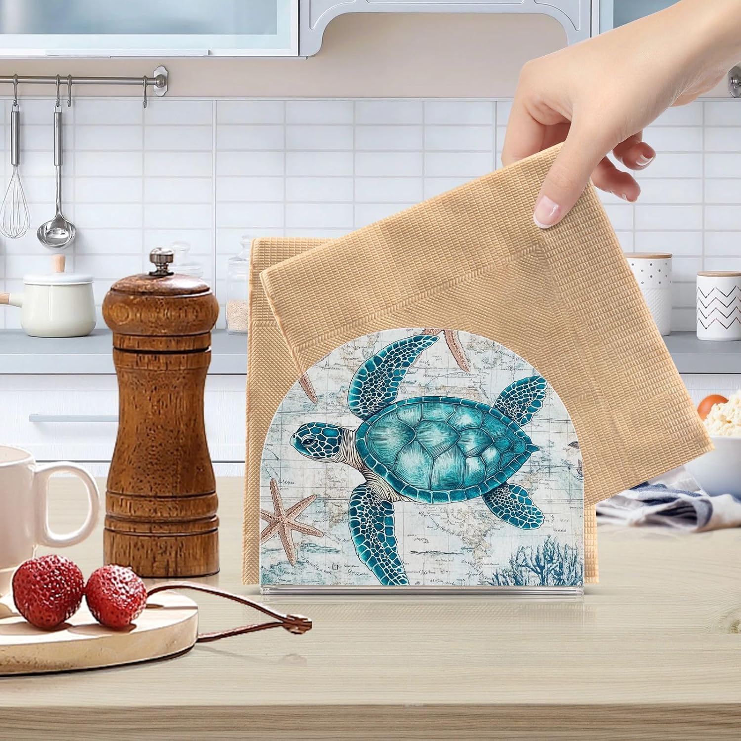 Vintage Sea Turtle Napkin Holder for Table Acrylic Cocktail Starfish Nautical Map Turtle Napkin Holders Decorative Tissue Paper Holder Vertical Napkin Dispenser for Home Kitchen Dining Decor