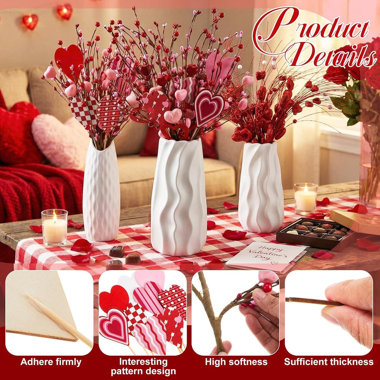 42 Pcs Pink and Red Glitter Valentines Picks and Sprays Decorations, 6 Styles Artificial Valentines Floral Berry Branches Flowers Stems for Tree Ornaments Wreath Garland DIY Vase Holiday Party Decor