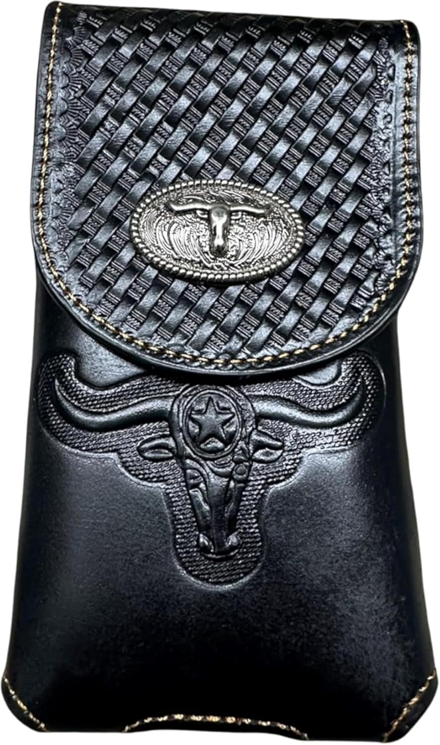 Longhorn Leather Holster Phone Pouch Vertical Black Western Leather Craft Longhorns Embossed Handmade by Egifthome USA Item# EH12699, Size: 7" Lx4 Wx1 h