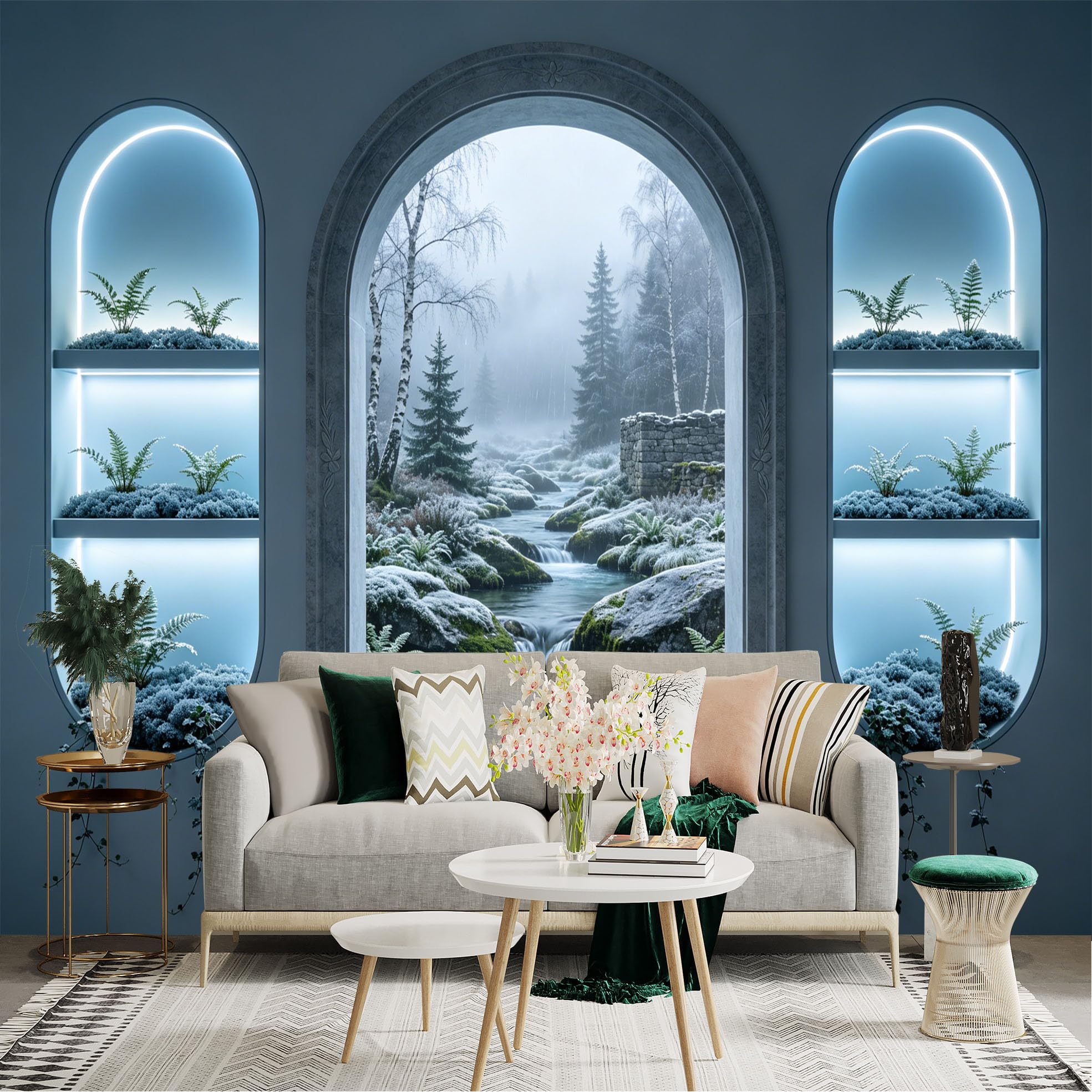 Custom Size Wall Sticker Mural， Frosty Forest Stream with Stone Wall and Fern Plants， for wall Decoration， peelandstick wall Decals.