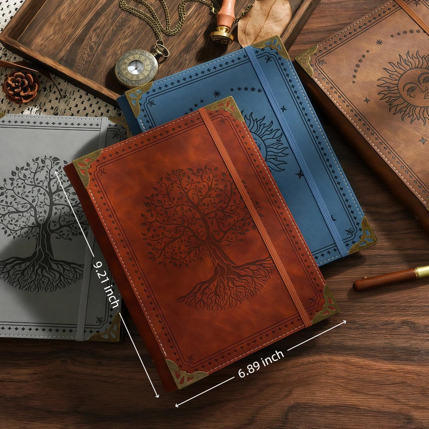 Refillable A5 Leather Binder Journal Notebook, Vintage PU Leather Organizer with 6 Ring Binder, 160 Lined & Blank Loose Leaf Pages, Elastic Closure, Metal Corner, for Work Study Daily, Brown Tree