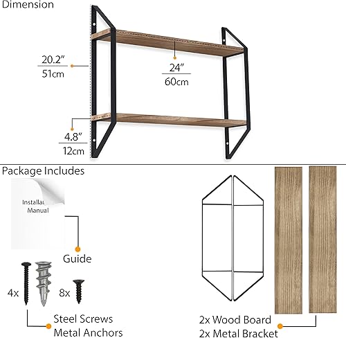 Miniatura 3 de Wallniture Ponza - Estantería flotante de 2 niveles para pared, estantes de pared de 24 pulgadas para almacenamiento de dormitorio, madera quemada