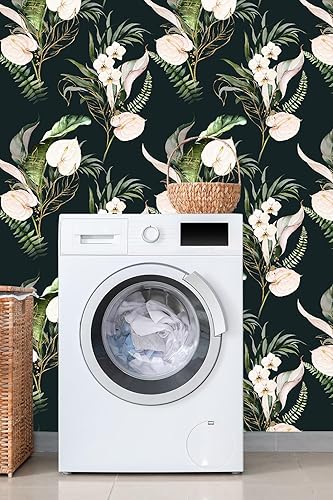 Miniatura 5 de Papel tapiz de hojas verdes tropicales, papel tapiz floral para despegar y pegar, papel de contacto negro, papel de contacto extraíble, bohemio,