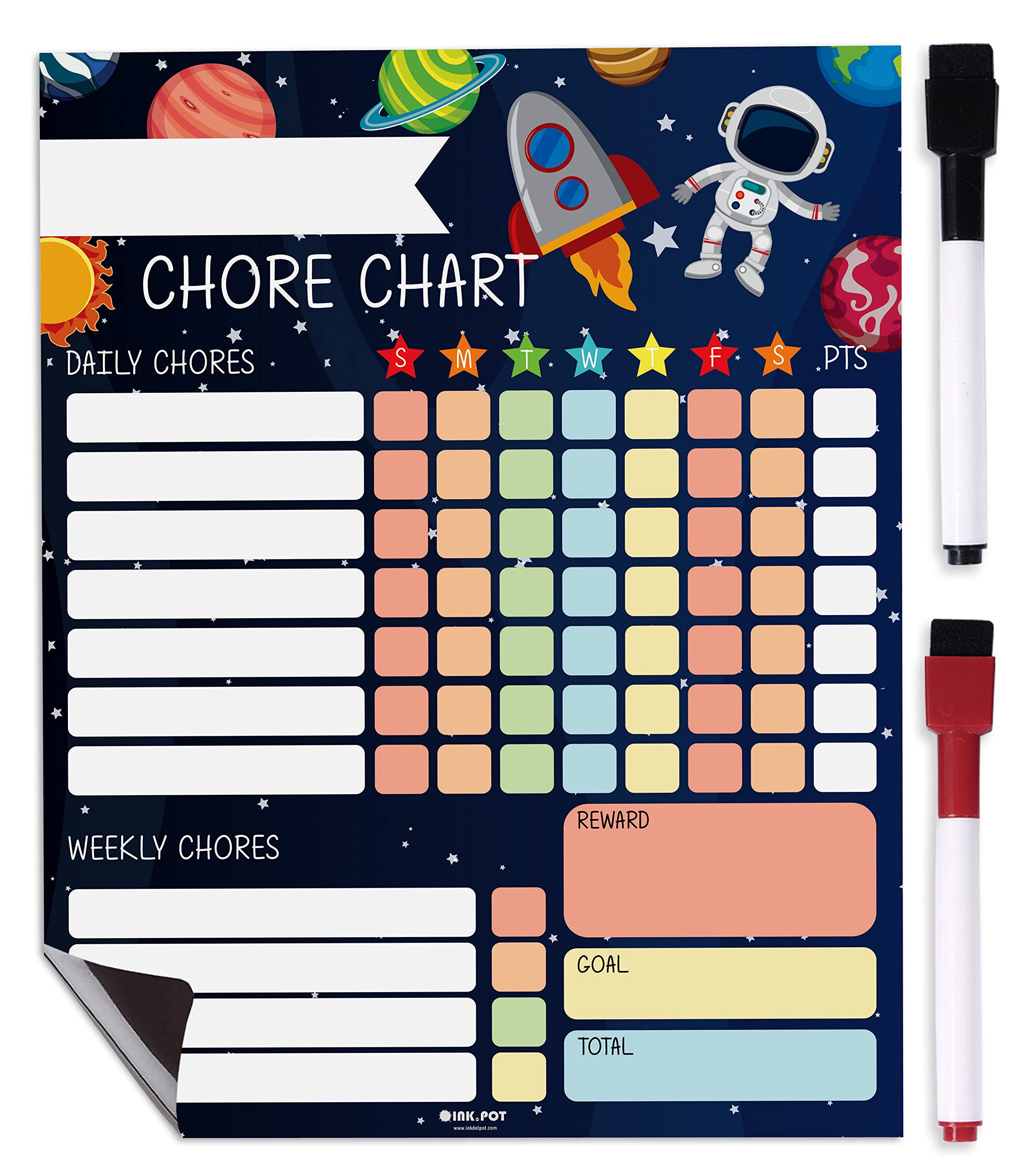 Inkdotpot Magnetic Dry Erase Weekly/Daily Chore Chart Schedule Board for Kids Chores Reward Chart,Good Behavior Chart Blank Magnetic List with 2 Dry Erase Markers (Space Theme)