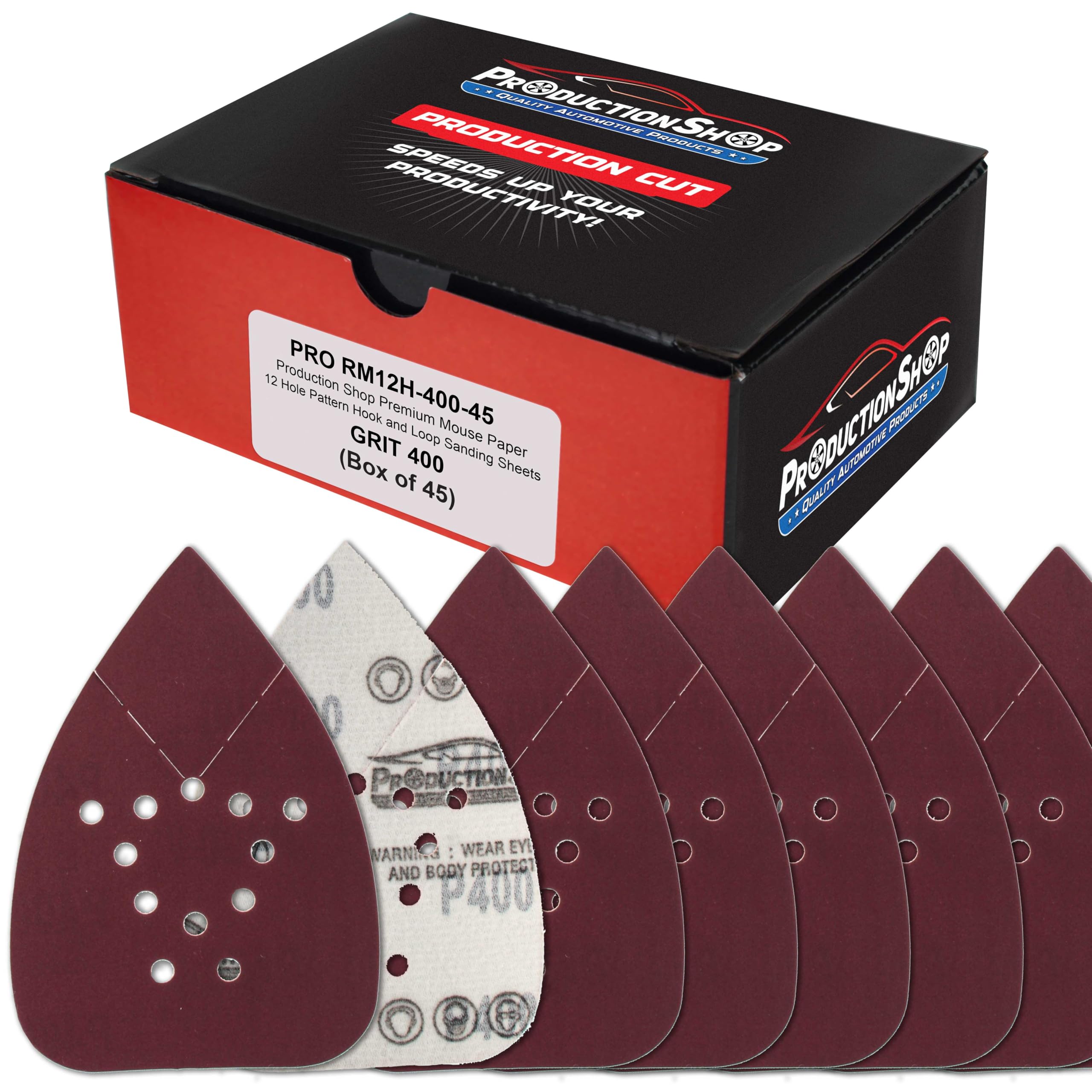 ProductionShop Premium 400 Grit 12-Hole Pattern Mouse Detail Sander Sandpaper Sheets, Box of 45 - Dustless Hook & Loop Triangle Shaped Mouse Disc Pads