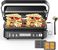Vista 11 de Panini Press Grill Sandwichera con placas extraíbles, 1600 W, parrilla interior 6 en 1 con termómetro de carne, parrillas de contacto eléctricas