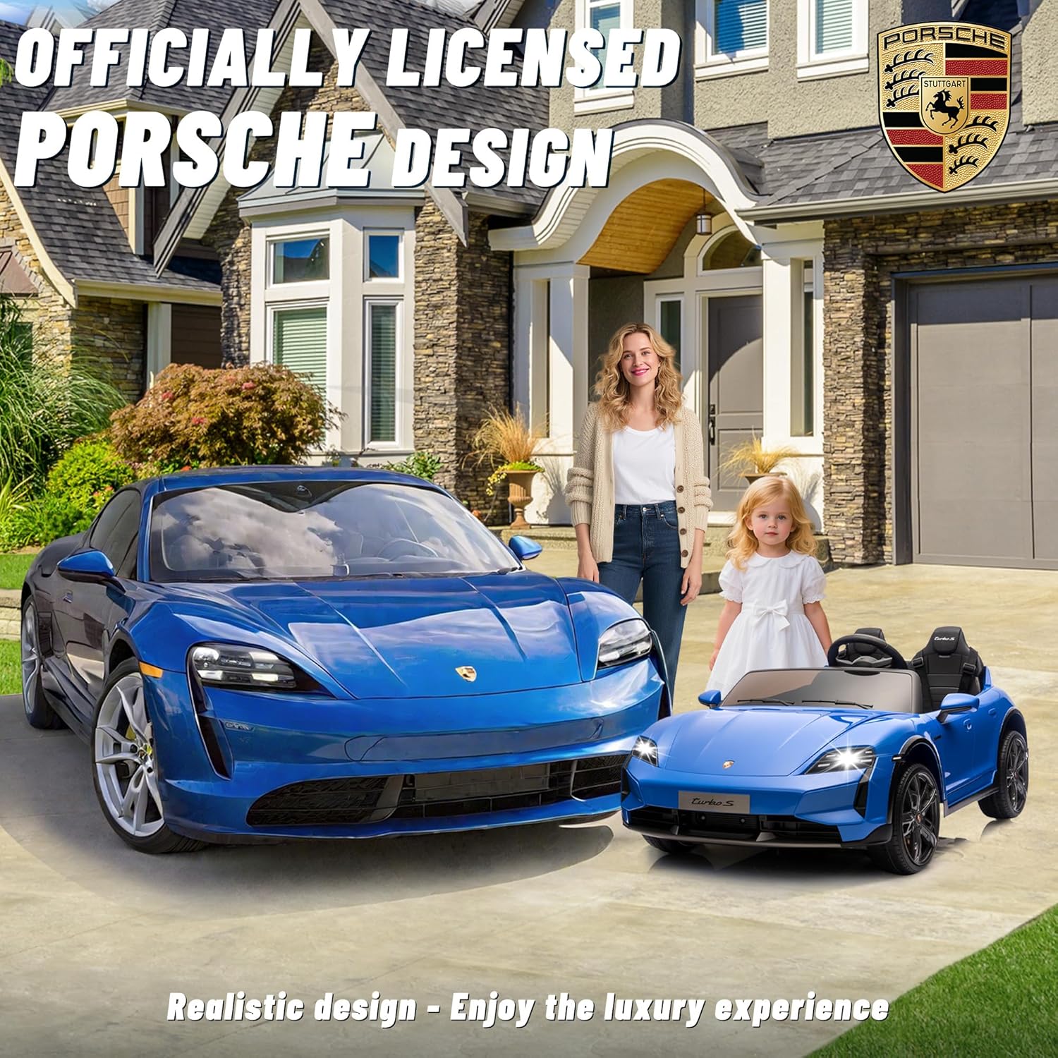 FORESEE Kids 24V Licensed Porsche Taycan Turbo S Electric Ride-On Car, 2-Seater w/Remote Control, LED Lights & Music - Blue