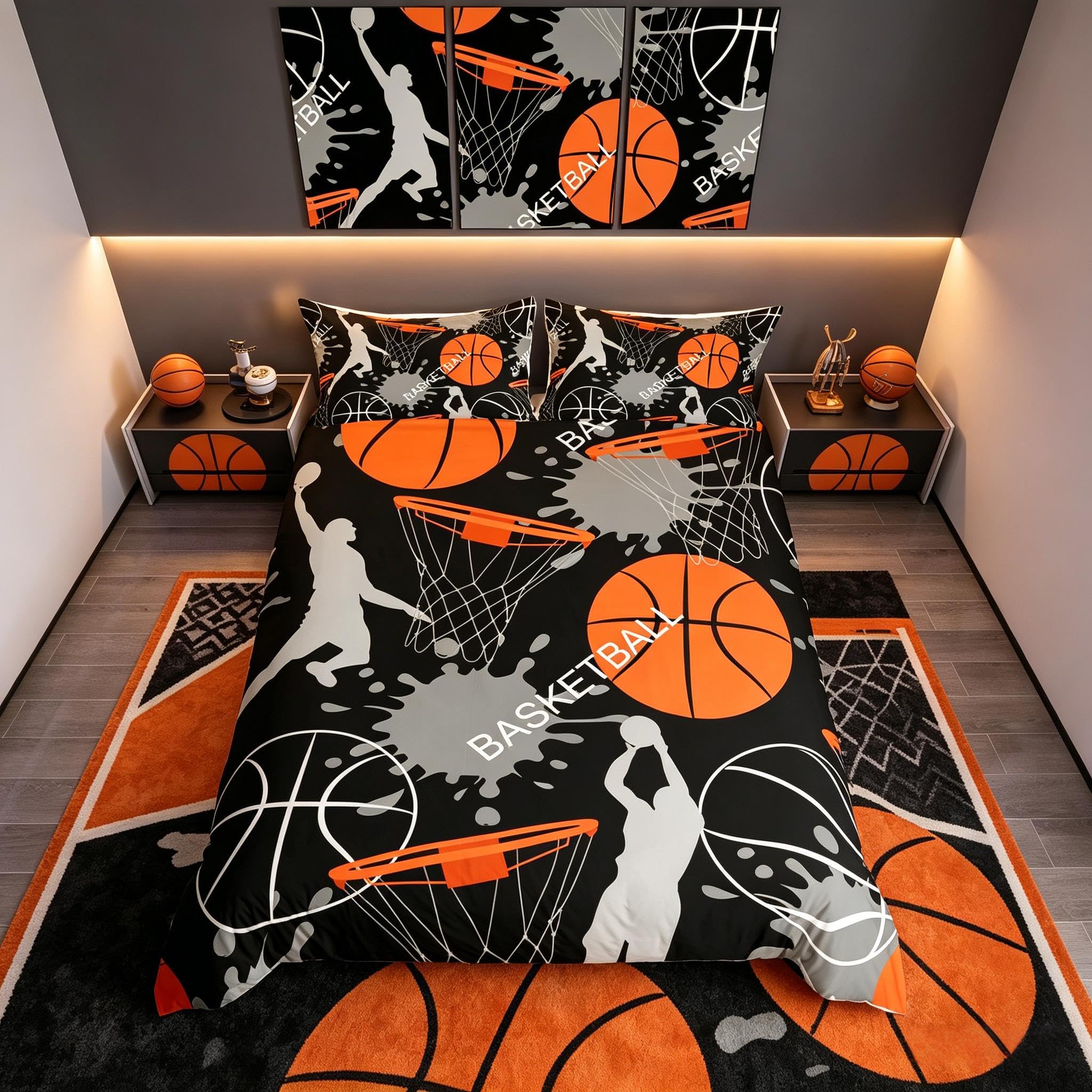 Loussiesd Juego de ropa de cama de baloncesto para niños, funda de edredón deportiva para niños, adolescentes, 1 funda de edredón con 1 funda de almohada, color negro y naranja, tamaño individual