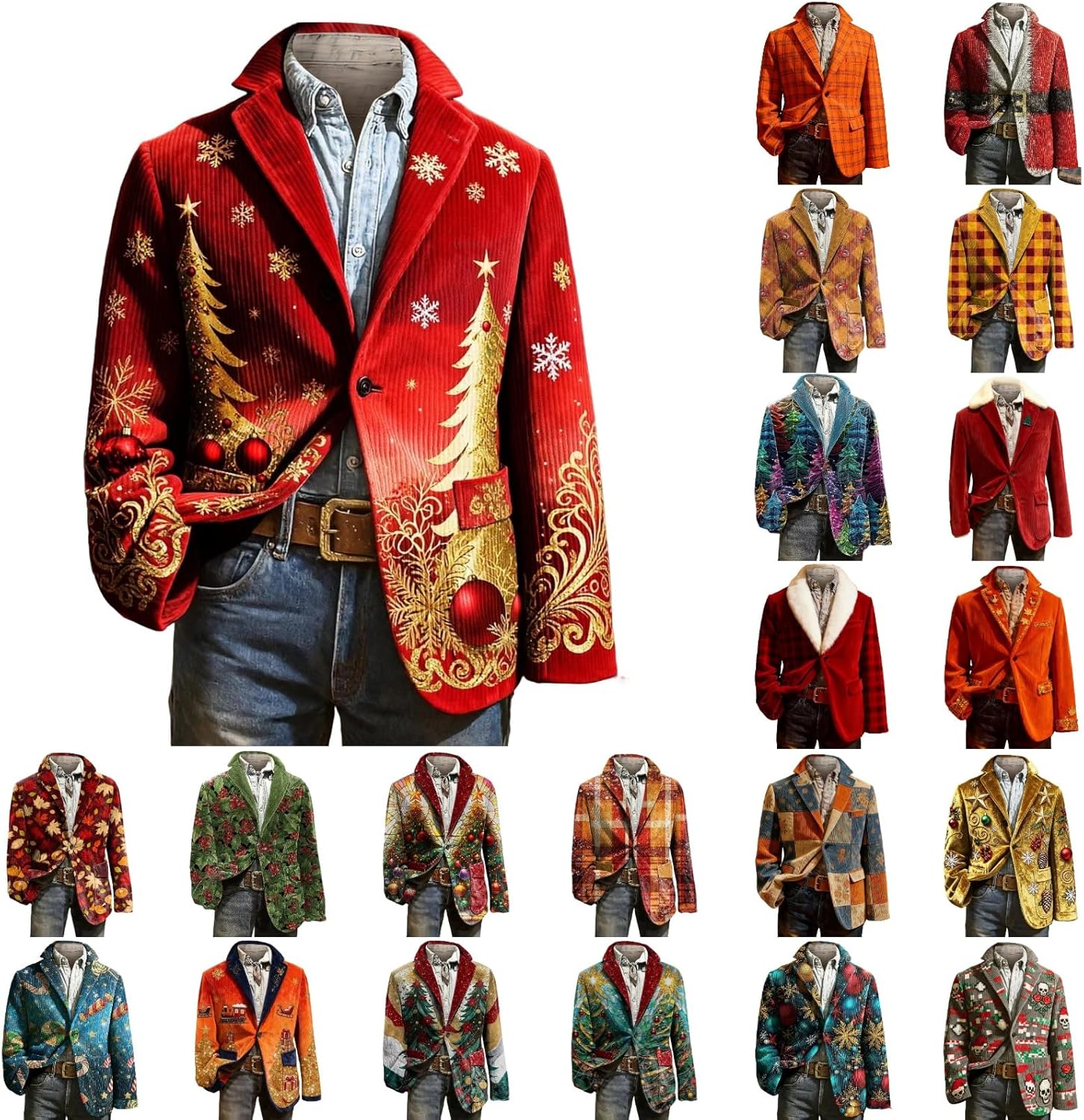 Mens Christmas Suit Jackets Corduroy Xmas Prints Retro Jacket Lapel Collar Button-Down Holiday Blazers with Pockets