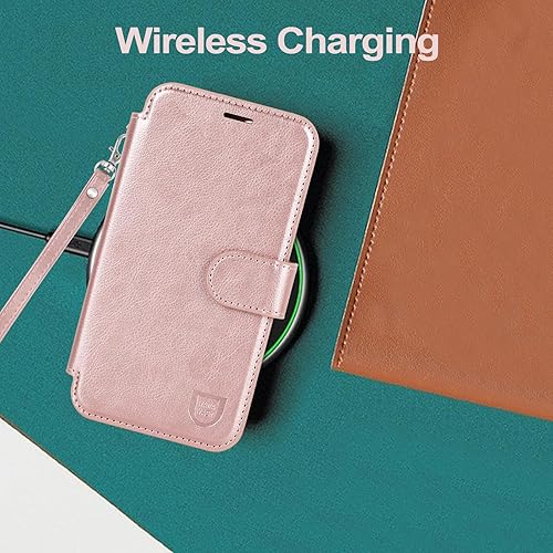 Miniatura 8 de VANAVAGY Funda tipo cartera compatible con iPhone 14 Pro para MagSafe, funda de piel sintética con tapa RFID y soporte para muñeca, carga