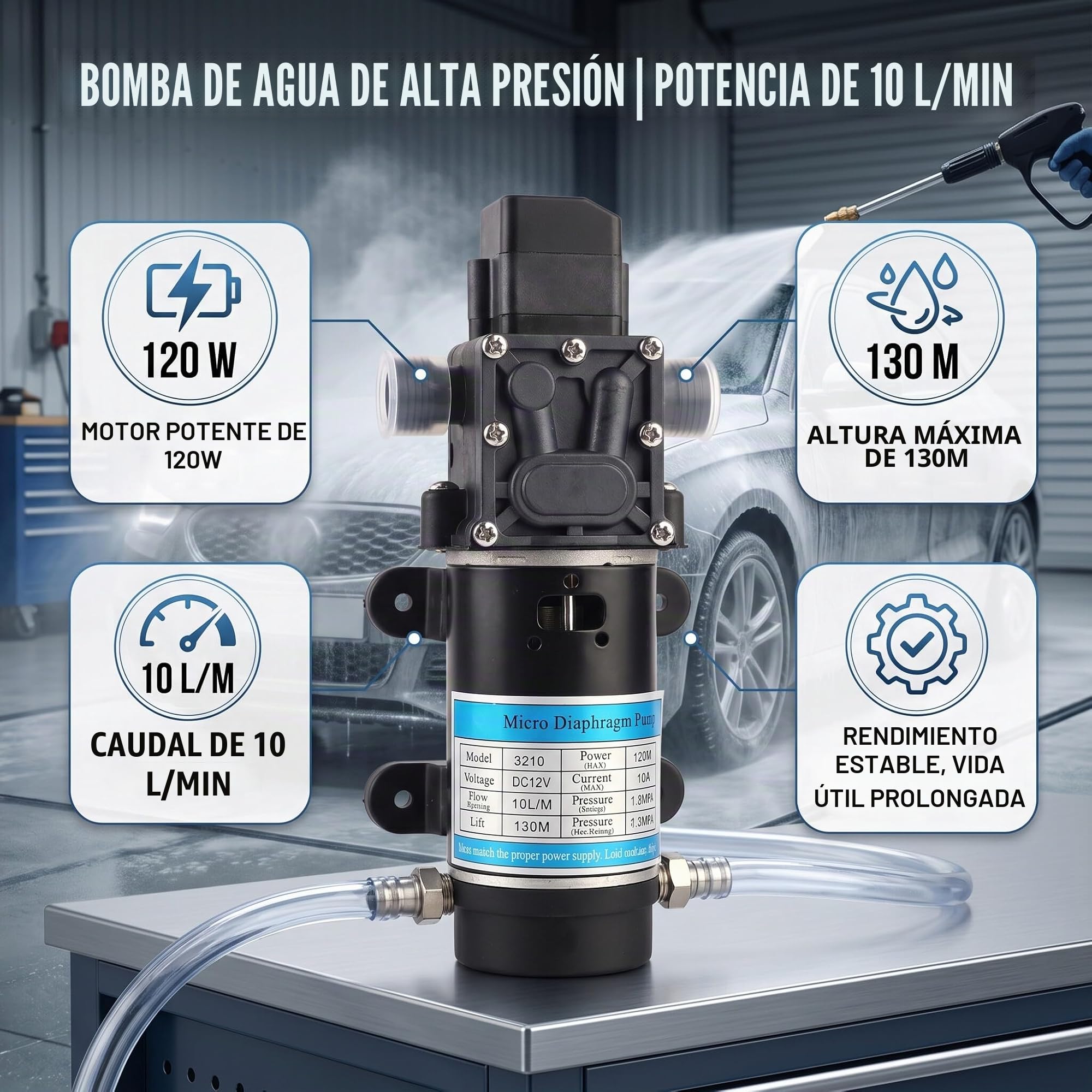 Bomba de Agua Eléctrica 12V 120W Autocebante de Membrana 10L/M Alta Presión Silenciosa para Lavadoras de Ropa Hogar Industrial