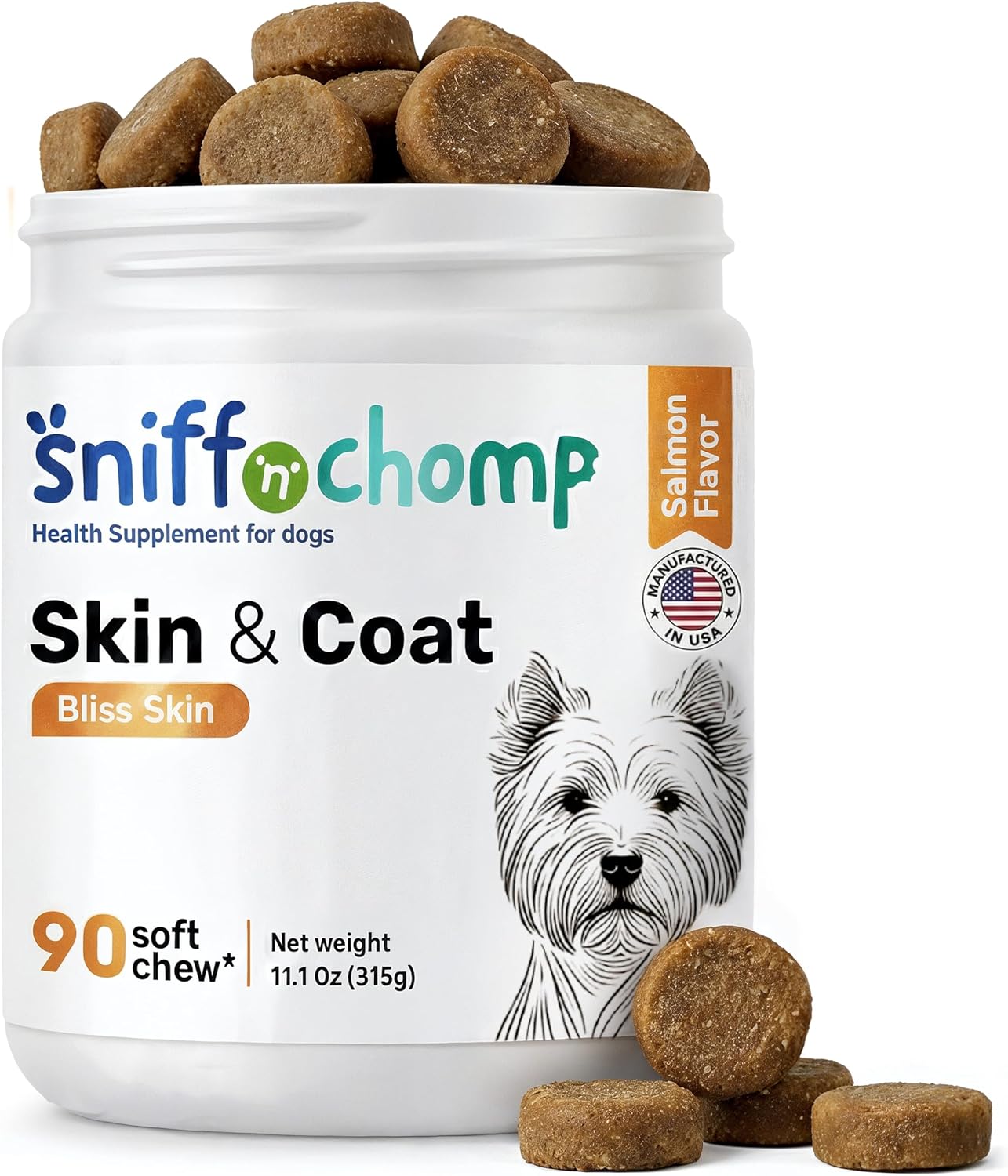 SNIFF N CHOMP Omega 3 for Dogs Chews, Skin and Coat Supplement for Dogs, Omega 6 Fish Oil Formula, Itchy Dry Skin Relief, Healthy Coat Shine Support, All Breeds | 90 Soft Chews