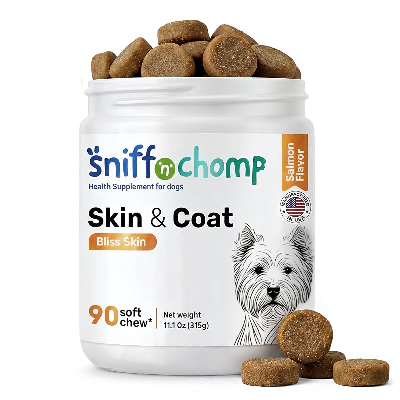 SNIFF 'N' CHOMP Suplemento para cães para pele e pelagem com ômega 3, ômega 6, biotina, vitamina E e zinco — 90 mastigáveis macios