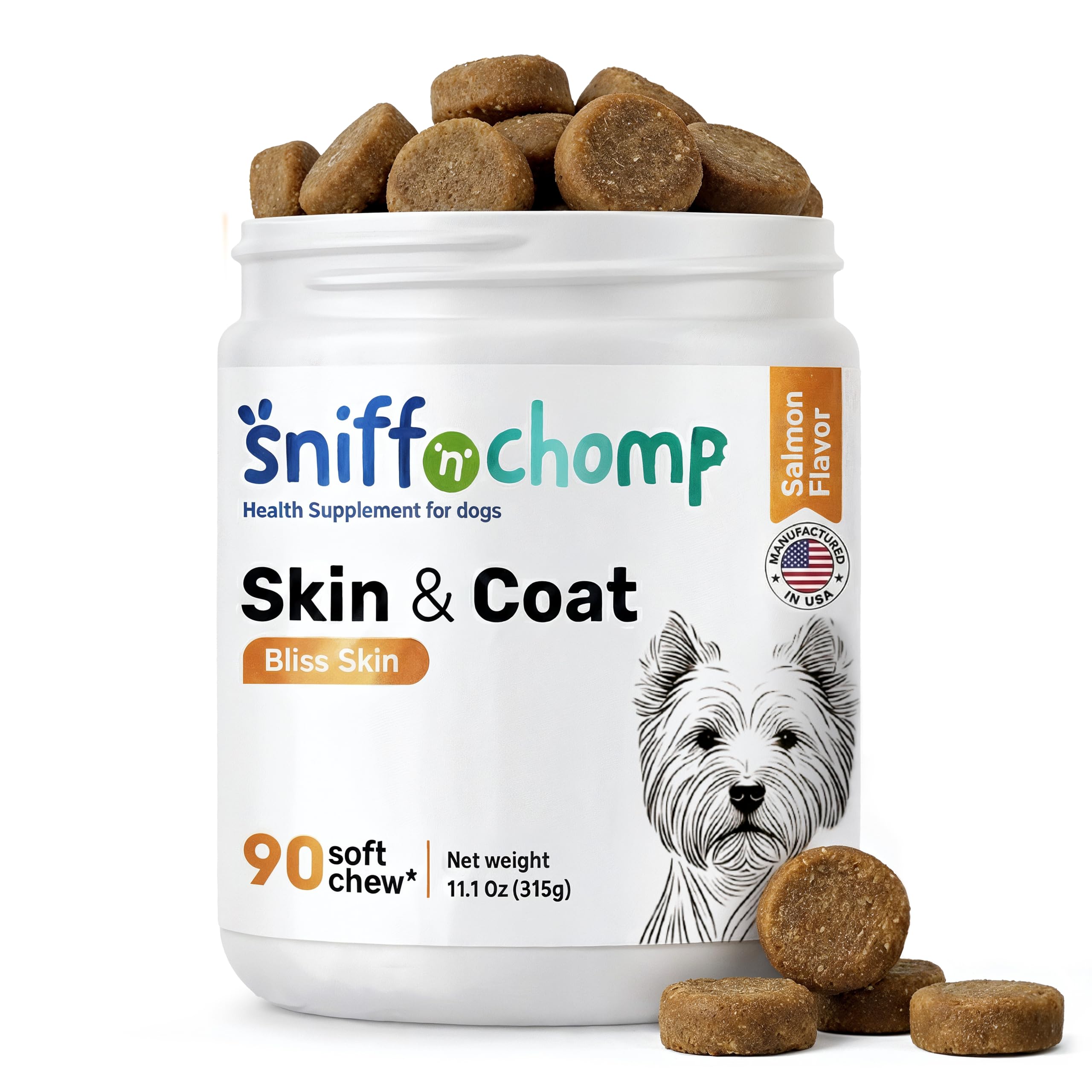 SNIFF N CHOMP Omega 3 for Dogs Chews, Skin and Coat Supplement for Dogs, Omega 6 Fish Oil Formula, Itchy Dry Skin Relief, Healthy Coat Shine Support, All Breeds | 90 Soft Chews