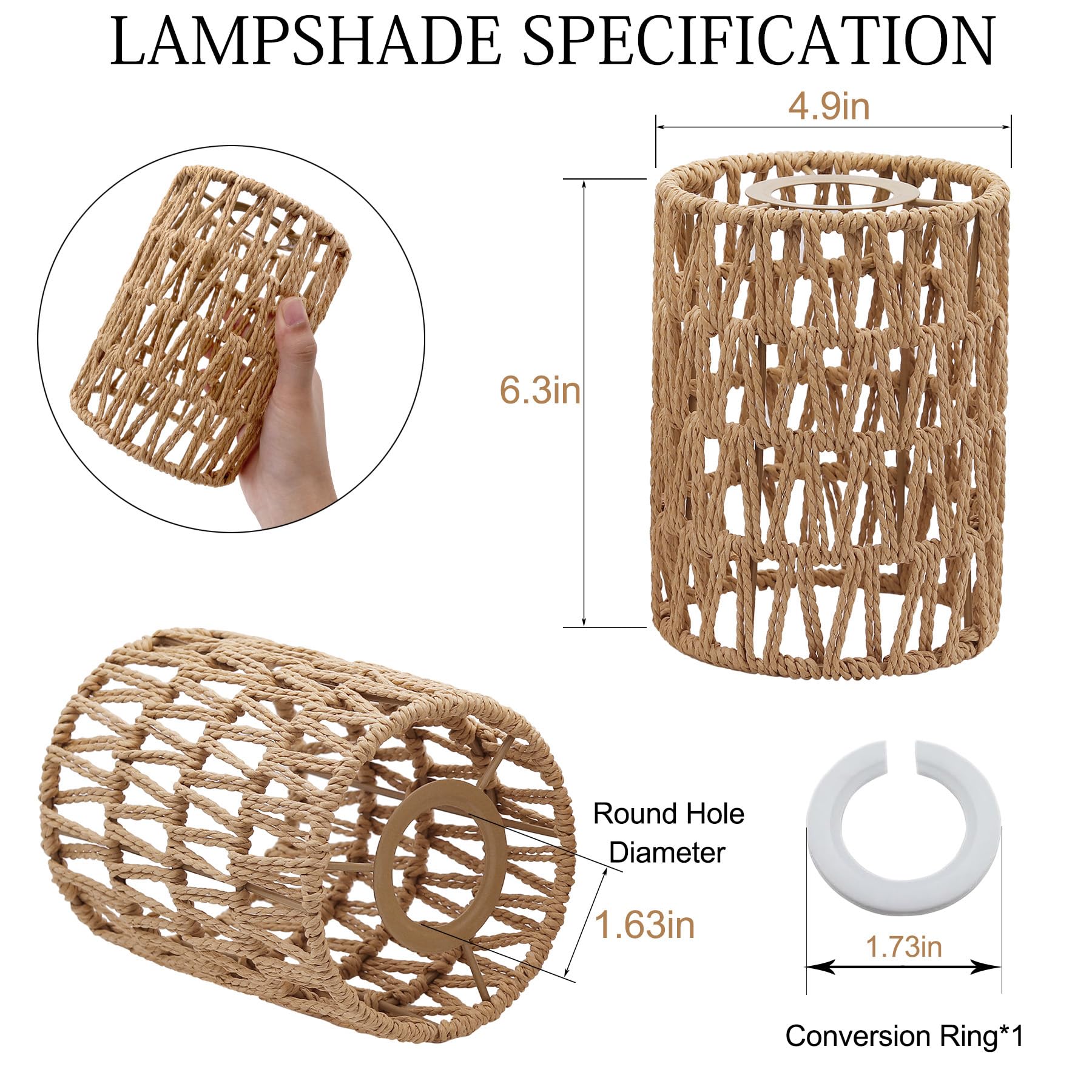 Fitter Farmhouse - Lámpara colgante de 1.63 pulgadas para candelabro, 1 paquete de pantallas de lámpara de ratán bohemio de 6.3 pulgadas de alto x 4.9 pulgadas de profundidad, repuesto para 2
