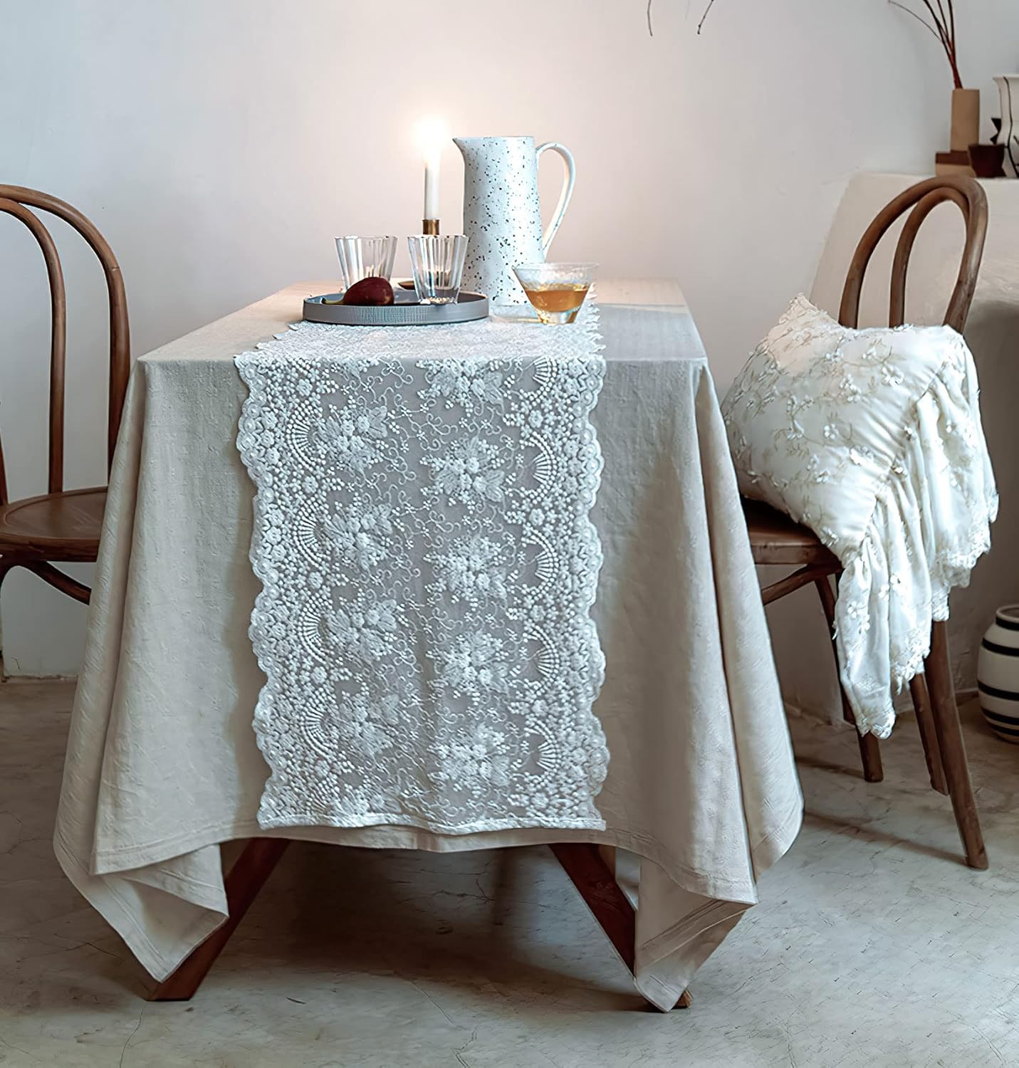 White Lace Table Runner-Vintage Embroidered Flower Table Runners Lace Doilies Dresser Scarf, Fancy Table Decoration for Christmas Dinning Table Wedding Party Baby Shower, 16"x 90"