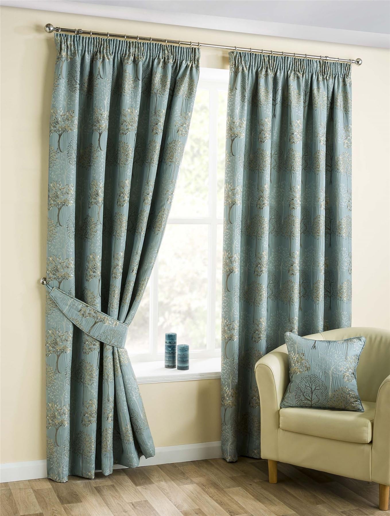 HOMESCAPES Duck Egg Blue Jacquard Pencil Pleat Lined Curtains Pair 228 cm (90") Wide x 137 cm (54") Drop Embroidered Tree Design