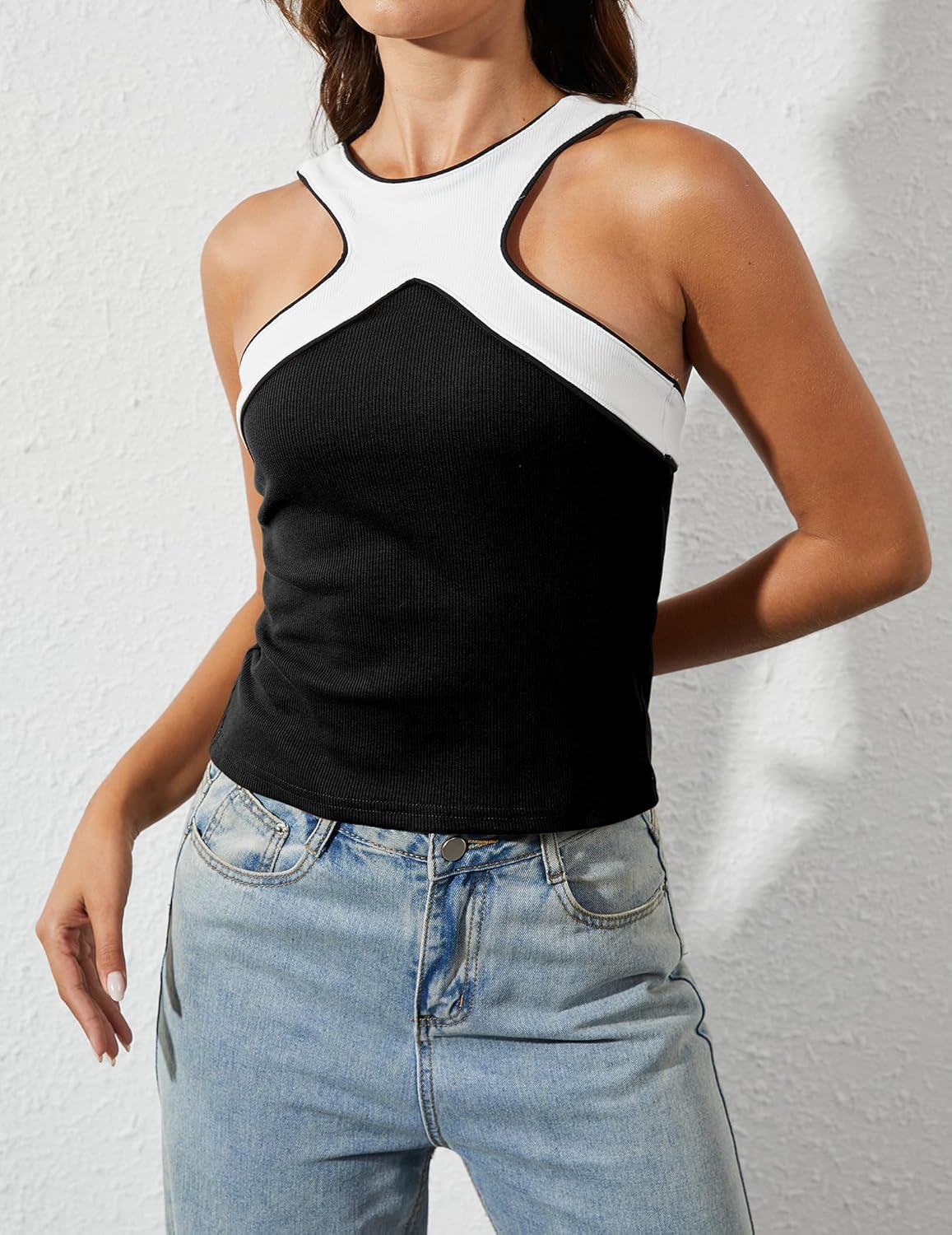 Women Color Block Criss Cross Halter Tank Top Y2k Summer Cute Sleeveless Cut Out Ribbed Crop Tank Shirts Black - Image 2