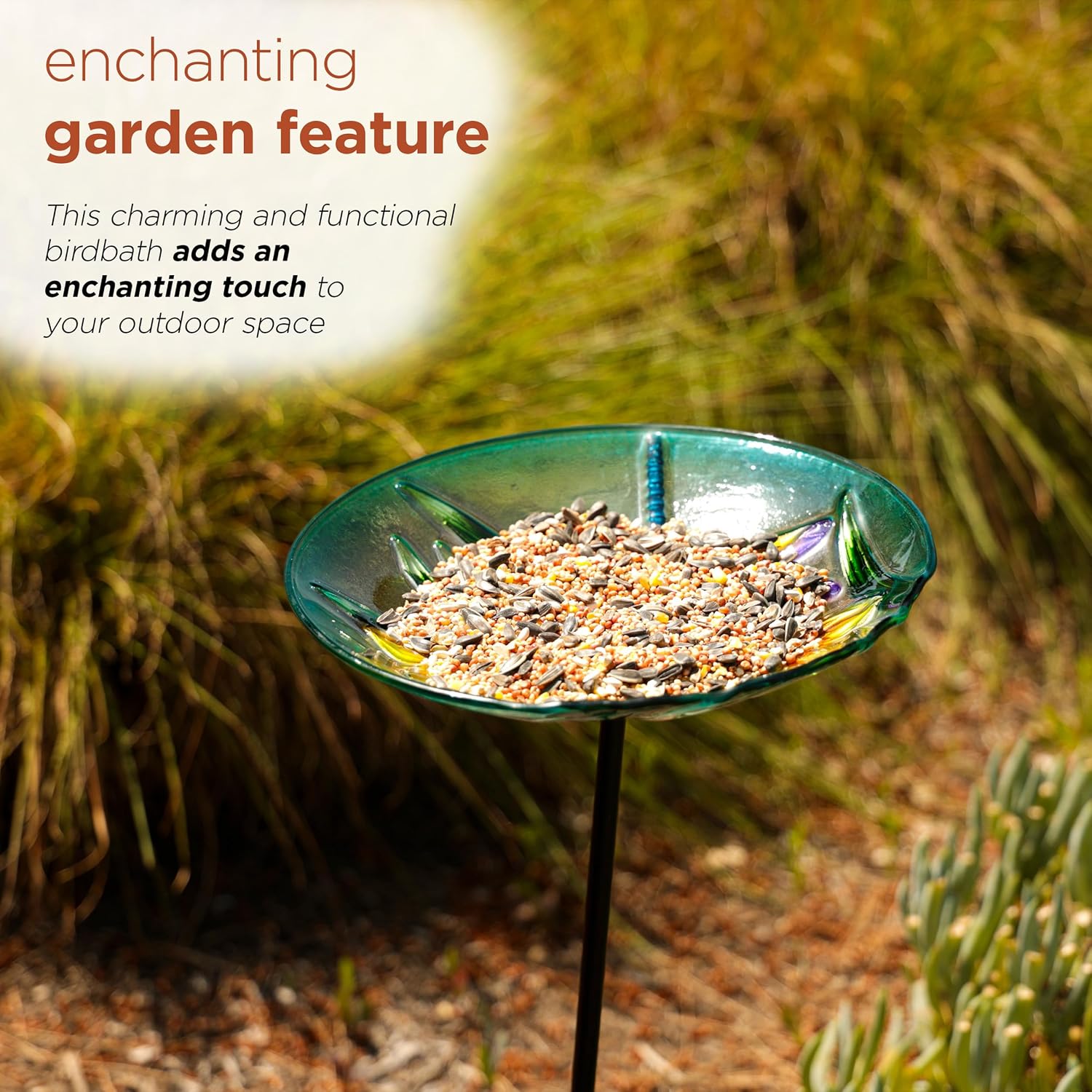 Alpine Corporation 25" Tall Outdoor Glass Birdbath Stake with Flowers and Dragonfly Accent, Garden Decor, 10" Round, Orange