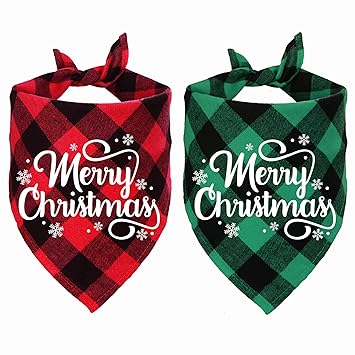 STMK 2 Pack Christmas Plaid Dog Bandanas, Merry Christmas Snowflake Holiday Plaid Dog Bandanas for Small Medium Dog Christmas Costume Decorations (Red & Green, White Merry Christmas)