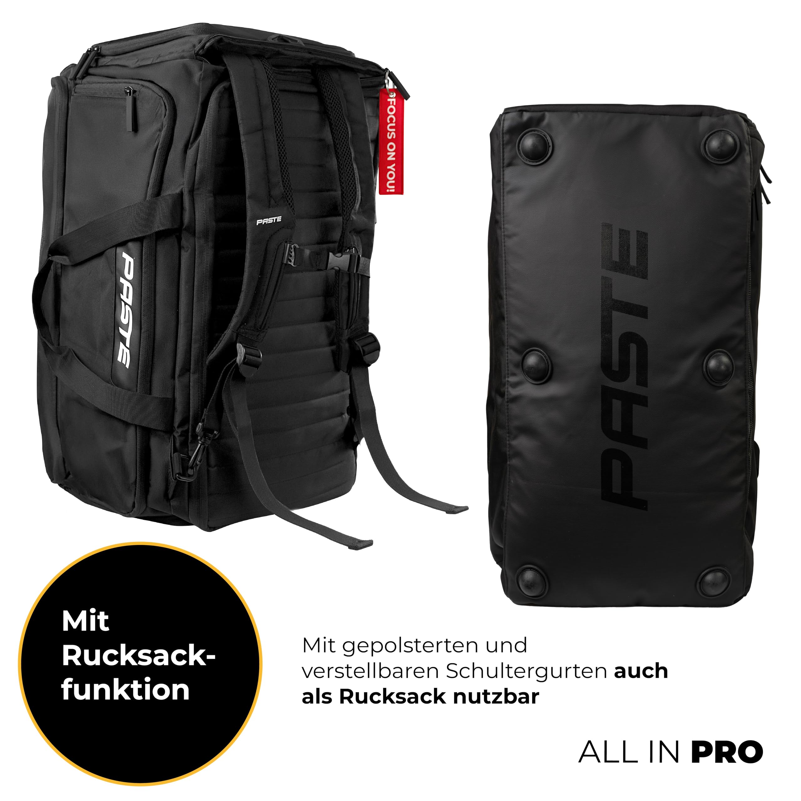 PASTE Premium Sporttasche 68L mit Rucksackfunktion Schuhfach Nassfach Schwarz Fußballtasche Trainings-Tasche Kühlfunktion Damen Herren groß XL Reise-Tasche Gym Bag