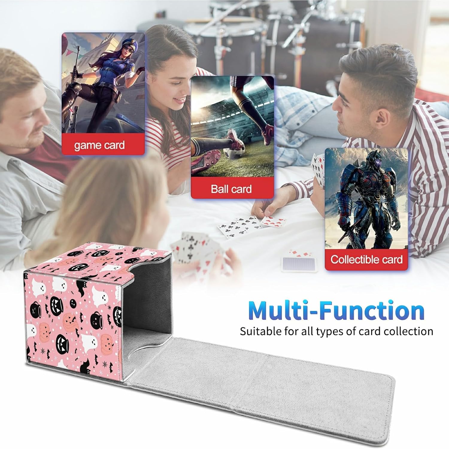 Card Deck Box for Trading Cards,MTG Commander Deck Box Fits 100+ Single Sleeved Cards,Leather Magnetic Card Storage Box for YuGiOh TCG CCG Cards,Cute Pink Halloween Pumpkins