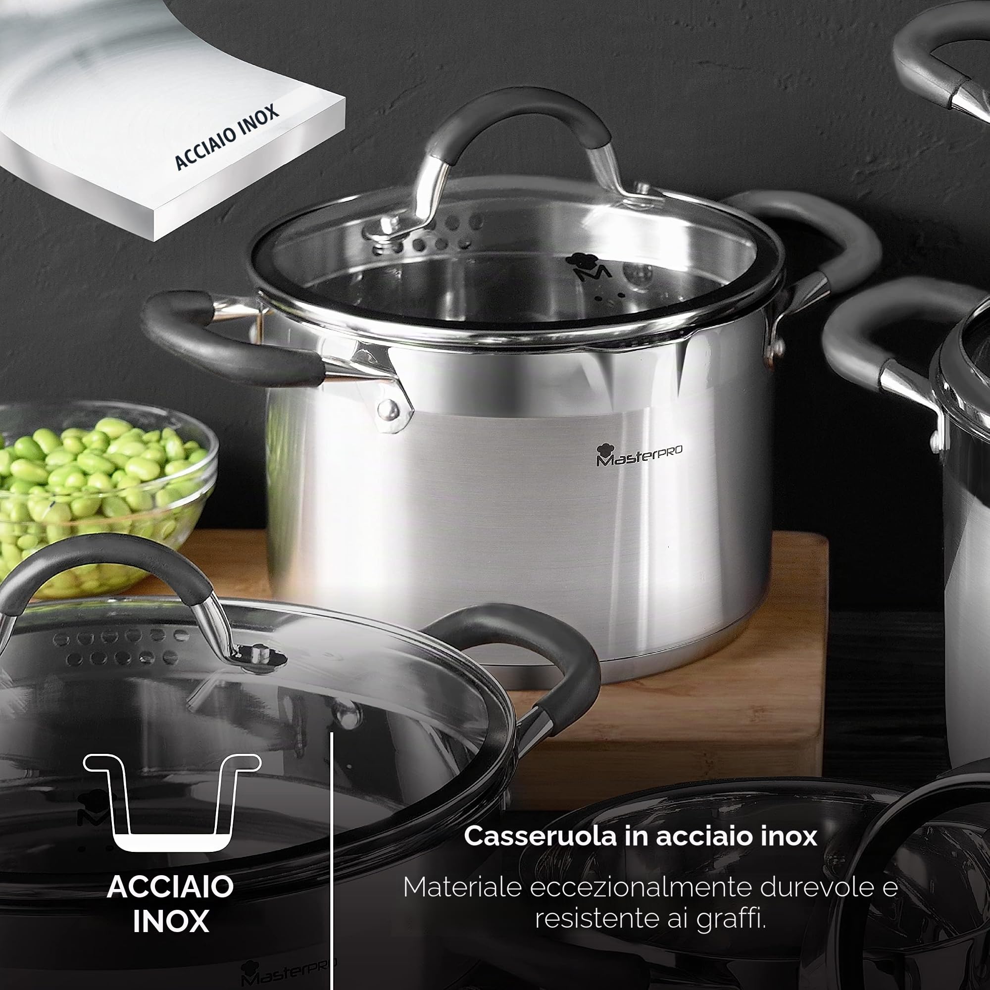 MasterPro Foodies | Pentola da Cucina con Coperchio in Vetro | Capacità di 4 L | Fabbricata in Acciaio Inossidabile | Molto Resistente, Pulizia Facile | Per Ogni Piano Cottura