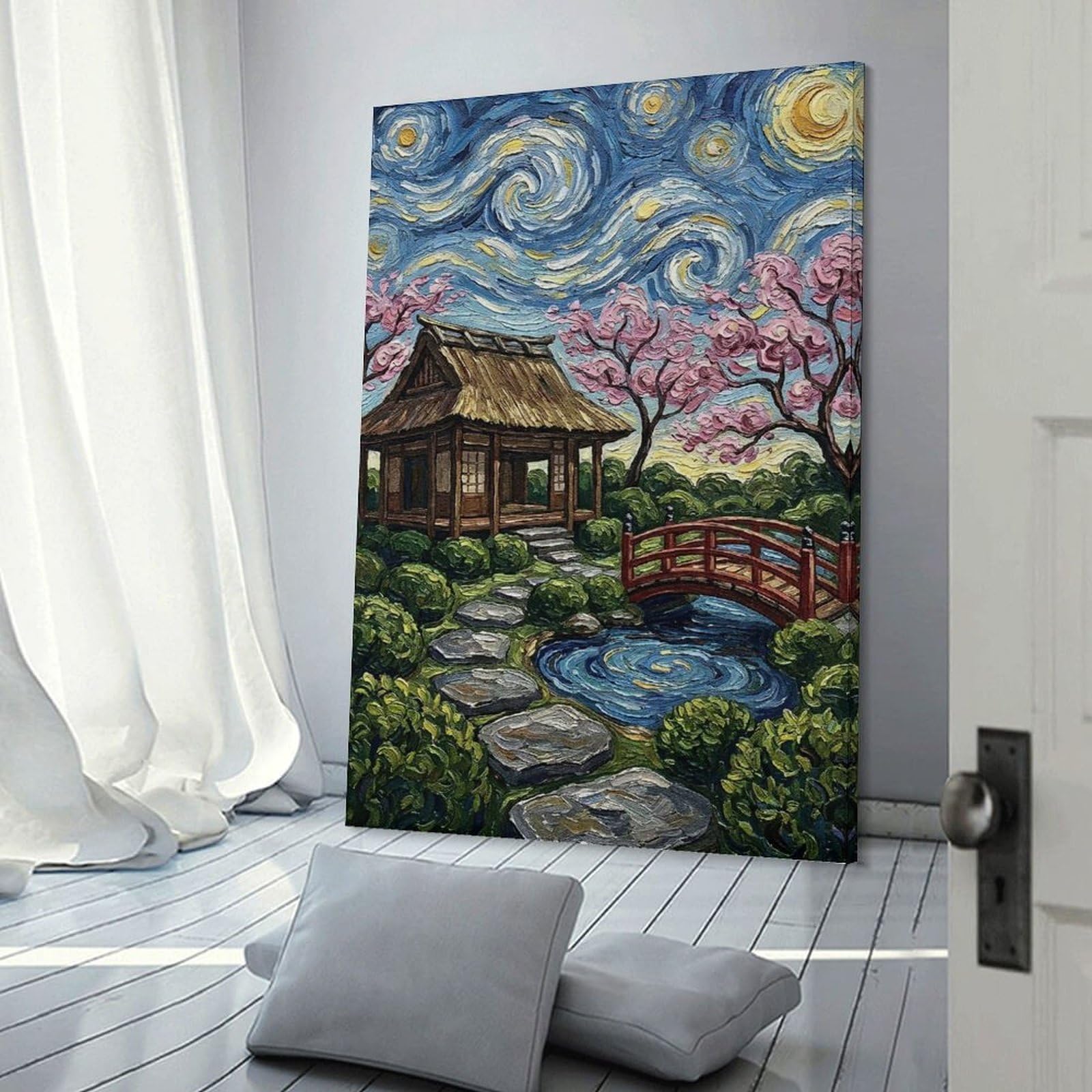 Junmoney Frame-Style-23 Japanese Garden Under Starry Sky Canvas Wall Decor, 24X36inch(60X90cm), For Bedroom, Guest Room Or Reading Nook, Canvas Wall Decor For Personal Spaces