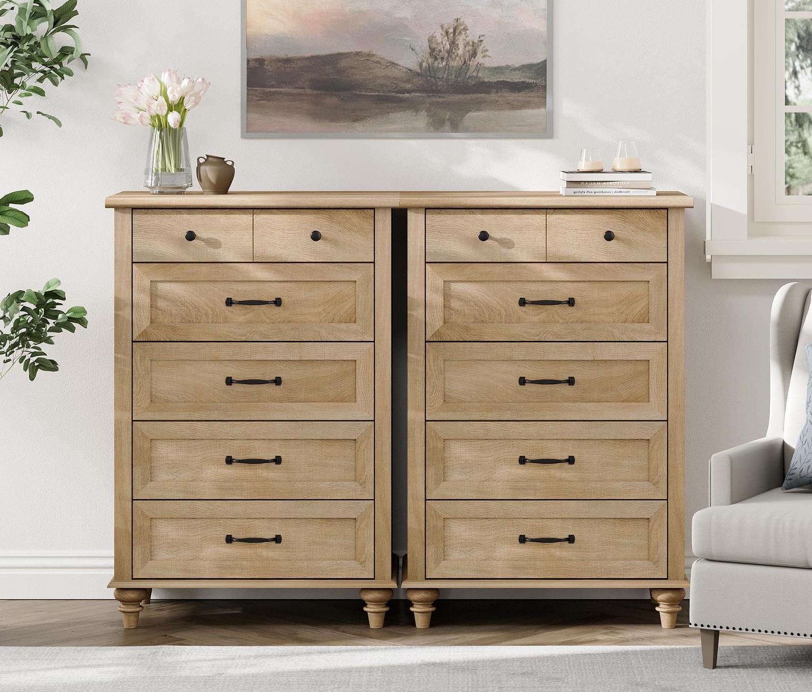 WAMPAT Farmhouse Dresser Set for Bedroom with 10 Drawers, Oak Dressers with Wide Chest of Drawers, Wooden Closet Storage Organizer for Nursery, Large
