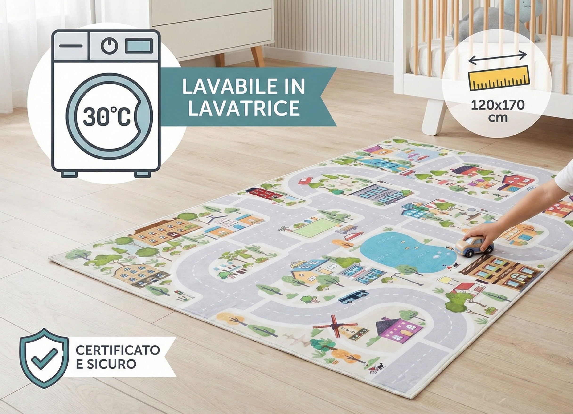 CarpetLiving – Tappeto da Gioco per Bambini, Morbido e Lavabile in Lavatrice, Certificato Sicuro – Soft Playmat 170x120 cm