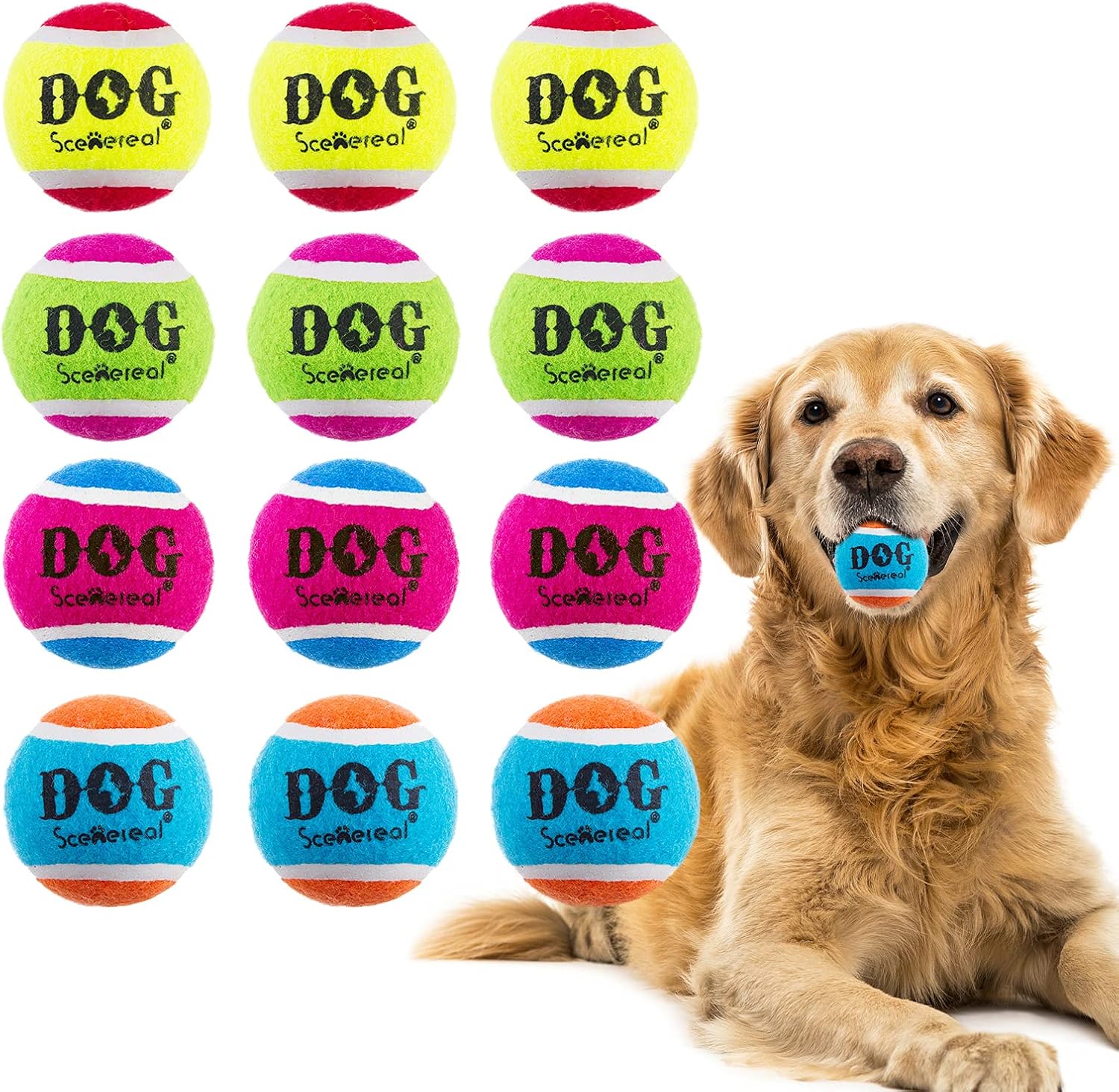 SCENEREAL Tennis Balls for Dogs 12 Packs, Squeaky Dog Bouncy Ball Toys for Medium Large Dogs Training Playing