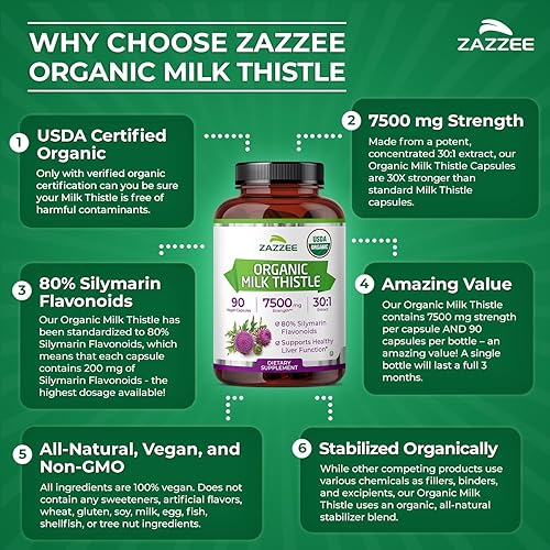Miniatura 16 de Zazzee USDA Organic Milk Thistle 30:1 Extracto 30:1, 7500 mg de fuerza, 120 cápsulas veganas, 80% flavonoides de silimarina, extracto estandarizado