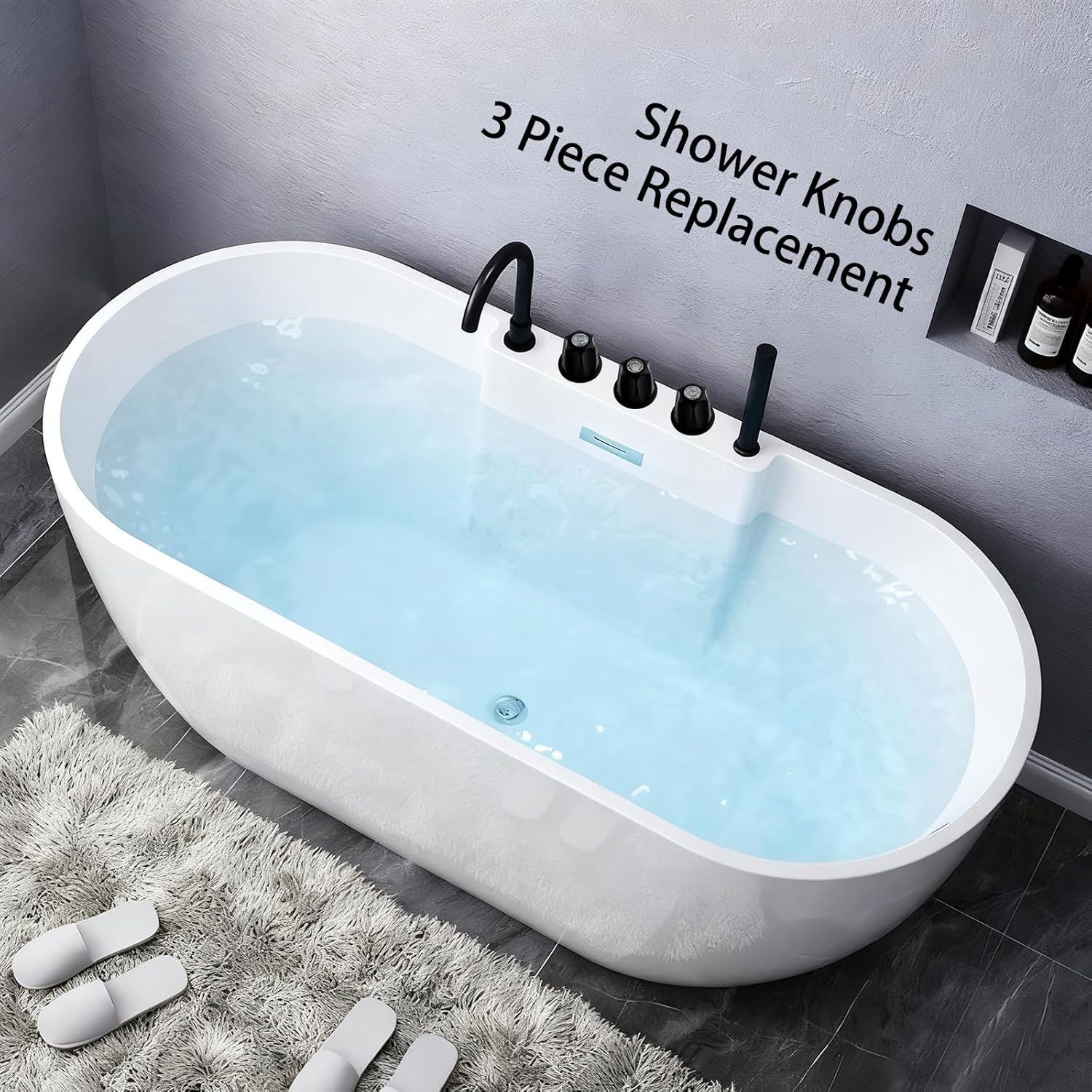 3-Piece Metal Matte Black Shower Knob Replacement Set, 3 Faucet Handle Trim Kit,Shower Knob with Base & Nipples,Compatible with Price/Pfister Verve Tub Shower Handle,Fits 12 Tooth 9.5mm Valve Stem