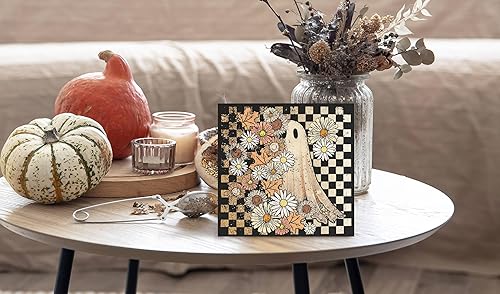 Miniatura 4 de KEUSPI Letrero de madera retro de los años 70 con diseño floral de fantasma, decoración de escritorio de Halloween, margarita de otoño, hoja de Grid