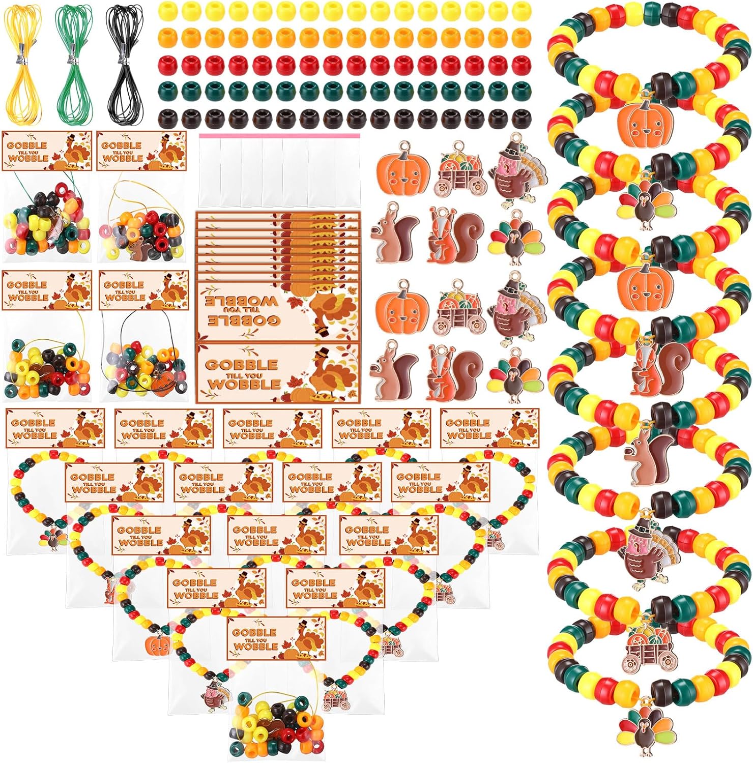 Soulchen 24 Sets Thanksgiving Fall Beads Bracelets Craft Kit Autumn DIY Gift Fall Beads for Jewelry Making Friendship Bracelets with Turkey Cards and Bags for Women Harvest Activities Party