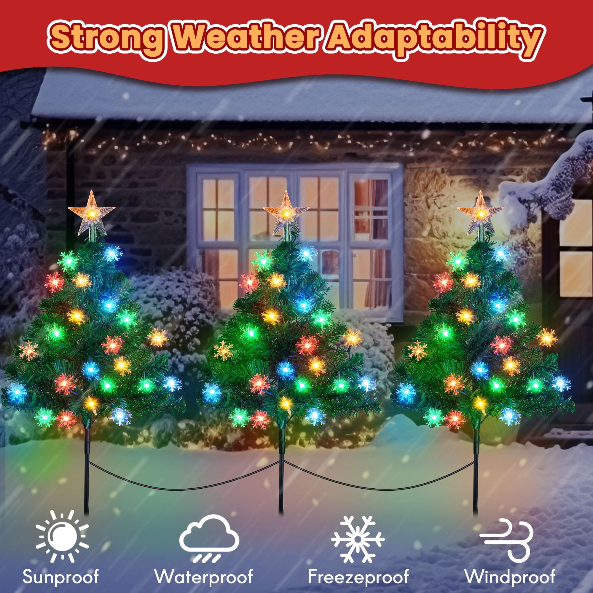 Meonum 4 Pack Each 2.5 Ft Solar Christmas Tree Lights, 96 Pcs Multicolor C6 LED Snowflake Lights, Solar Powered Prelit Small Christmas Star Topper Tree for Holiday Outside Pathway Garden Yard Decor