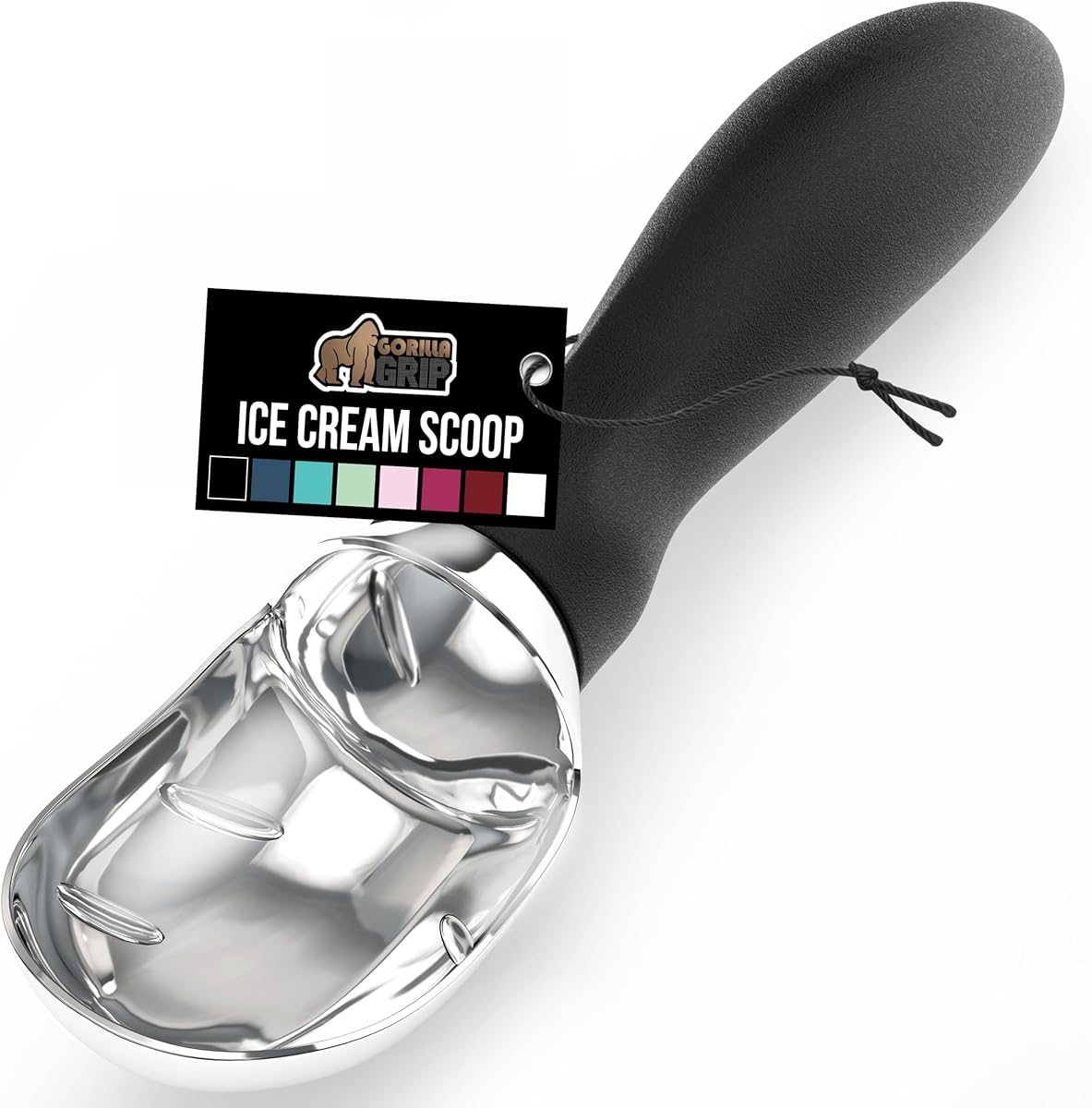 GORILLA GRIP BPA-Free Heavy Duty Ice Cream Scoop, Comfortable Ergonomic Handle, Professional Grade Scooper for Perfect Round Scoops, Spoon Frozen Hard Gelato, Sorbet, Cookie Dough, Kitchen Tool, Black