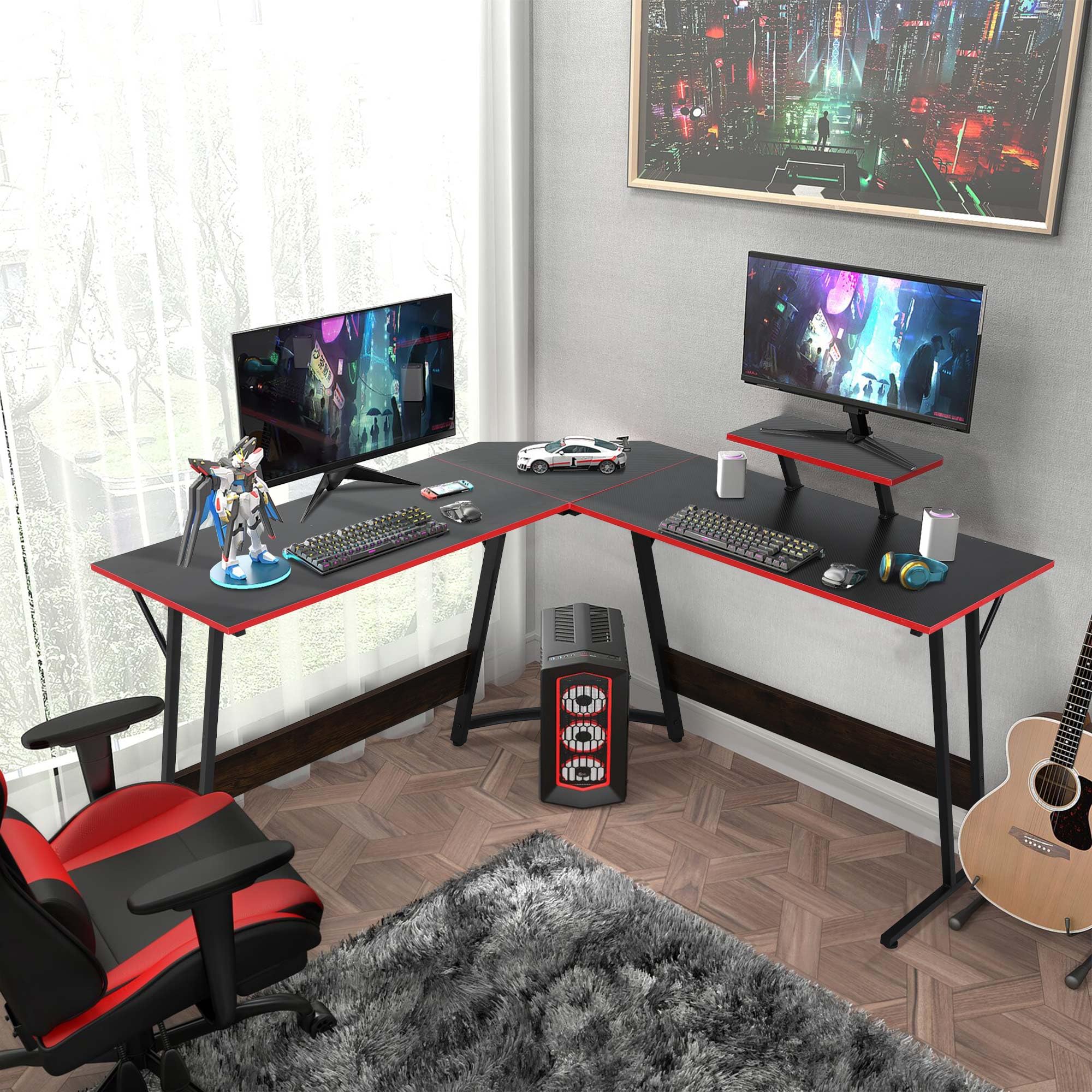 HWGEBY L Shaped Gaming Desk Modern Computer Desk, Home Office Desks with Large Monitor Riser Stand, Sturdy PC Desk for Bedroom Minimalist Black 50Inch