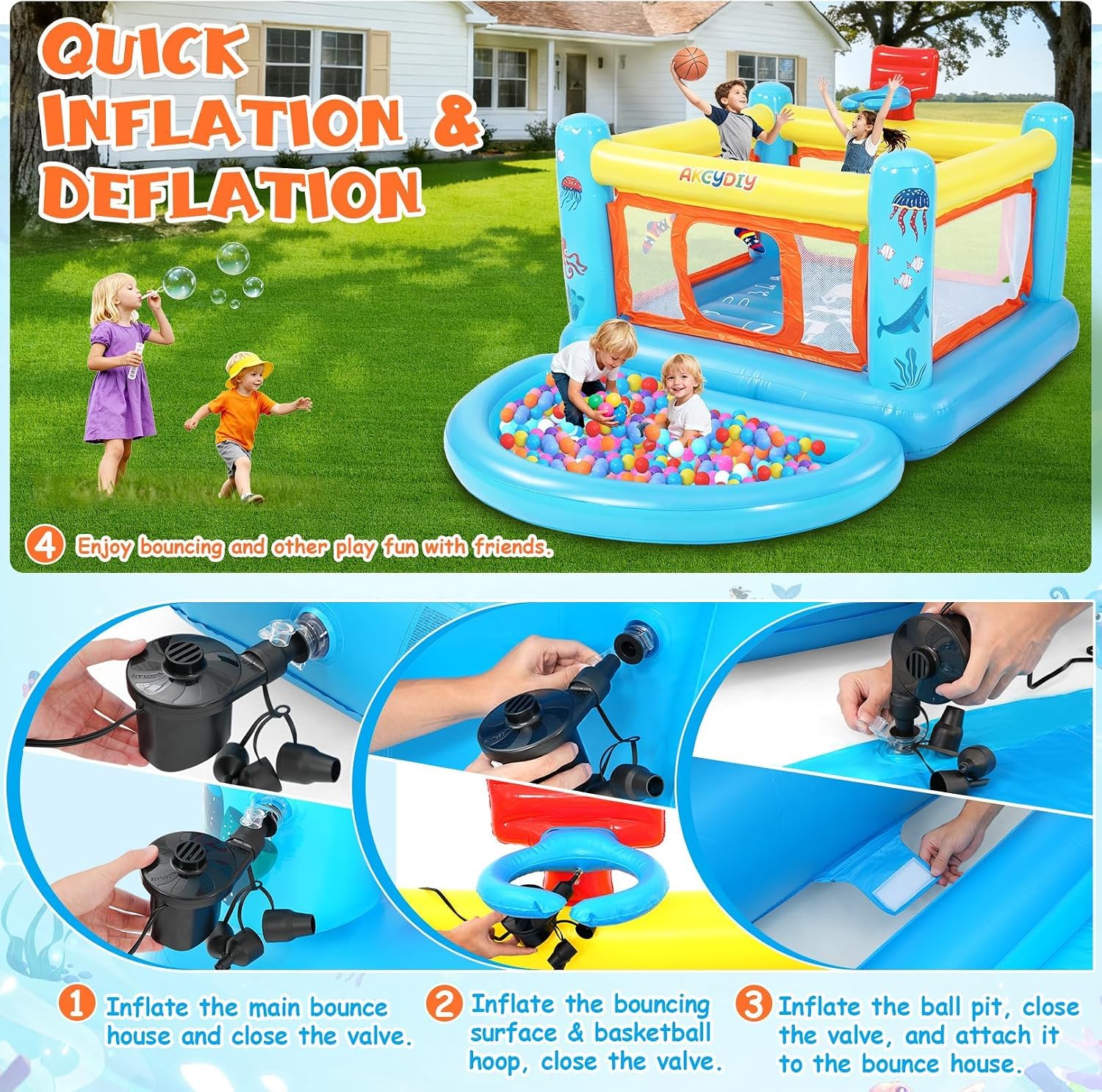 Castello saltante con piscina di palline per bambini da 3 a 6 anni, per interni ed esterni, piccolo centro giochi attivo, canestro da basket, cielo e inferno, castello saltante in PVC di alta qualità